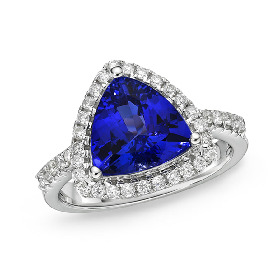 2.72 Ct Trillion Cut Tanzanite Ring with Diamond Halo & Band