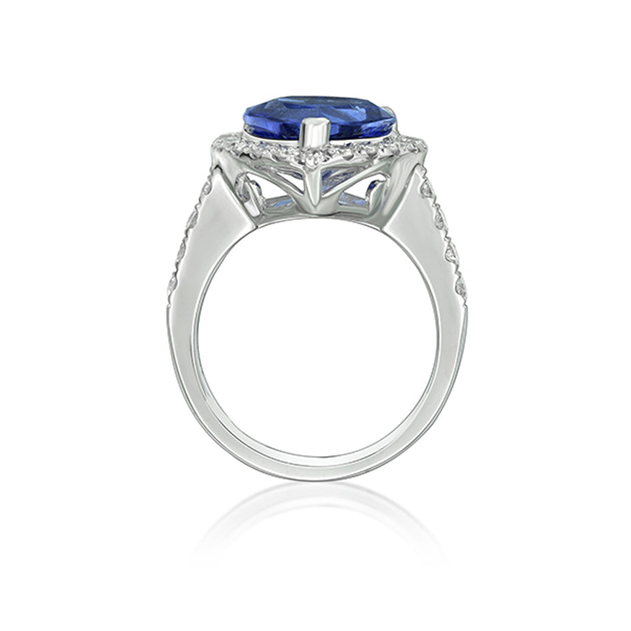 Exceptional 4.56 Ct Heart-Shaped Tanzanite Ring with Diamond Halo & Band