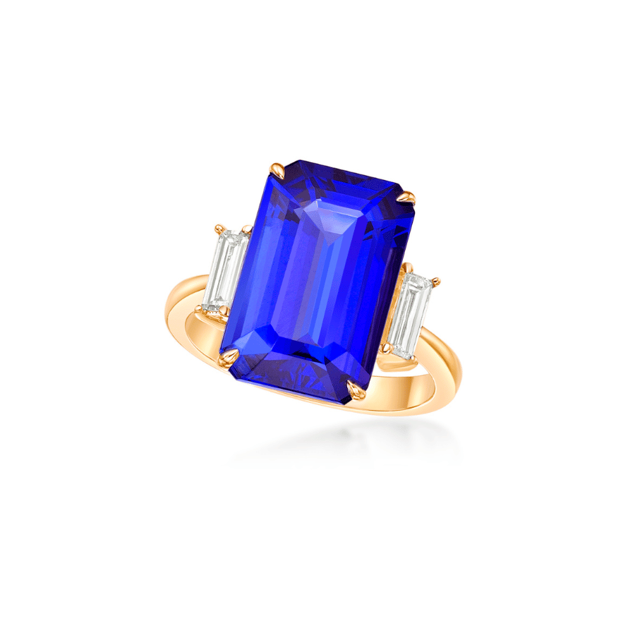 8.79 Ct Emerald Cut Tanzanite Ring with Baguette Diamonds