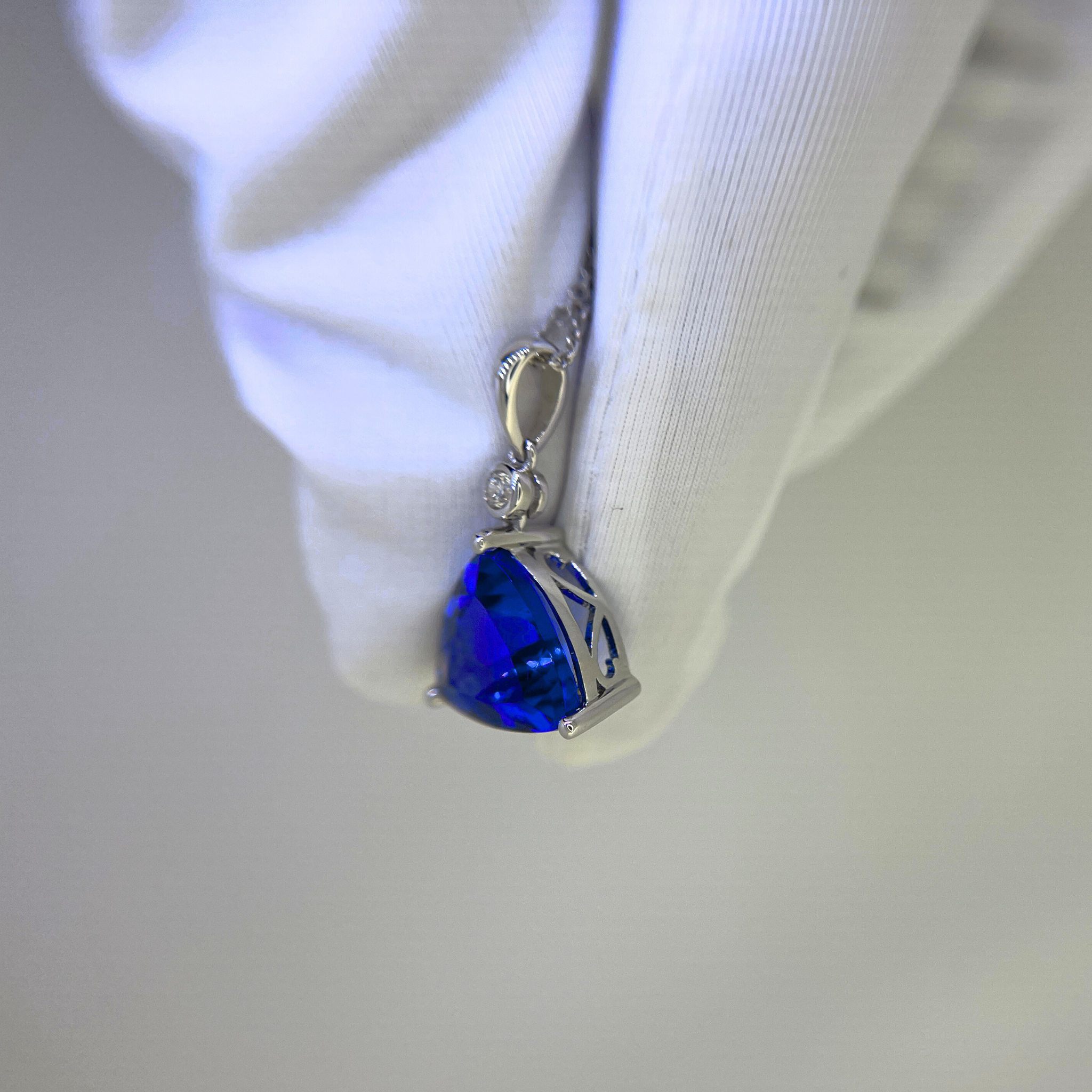Exceptional Trillion Cut Tanzanite & Diamond Pendant White Gold