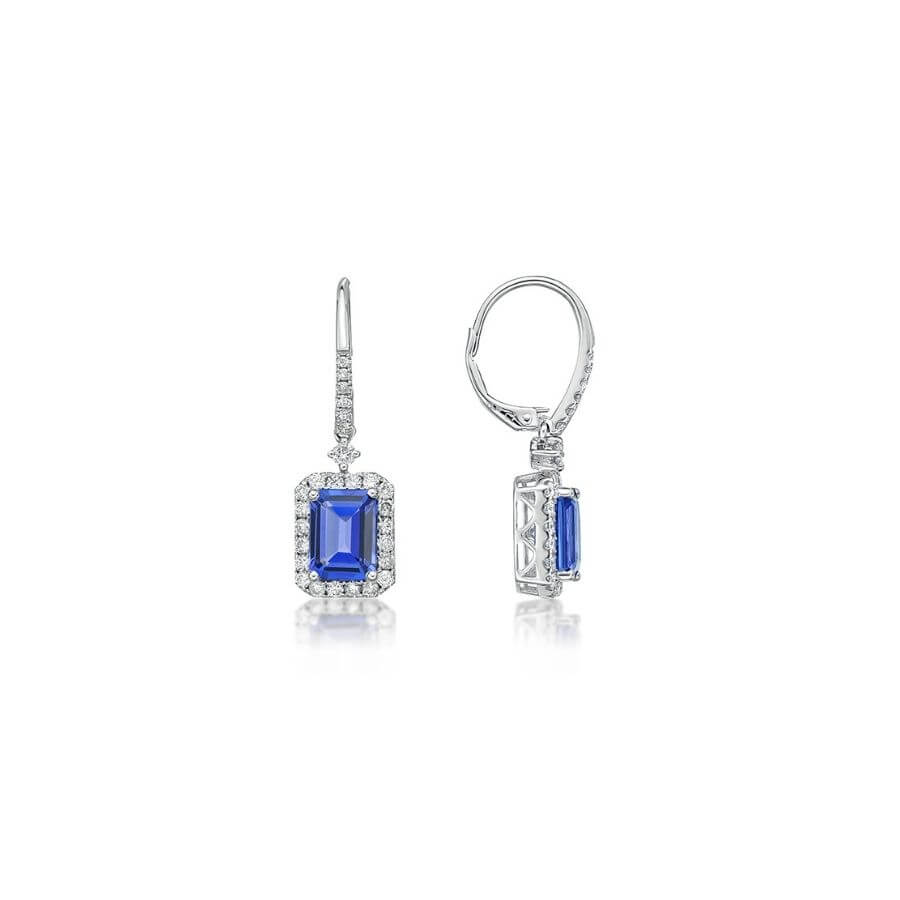 Emerald Cut Tanzanite & Diamond Halo Drop Earrings