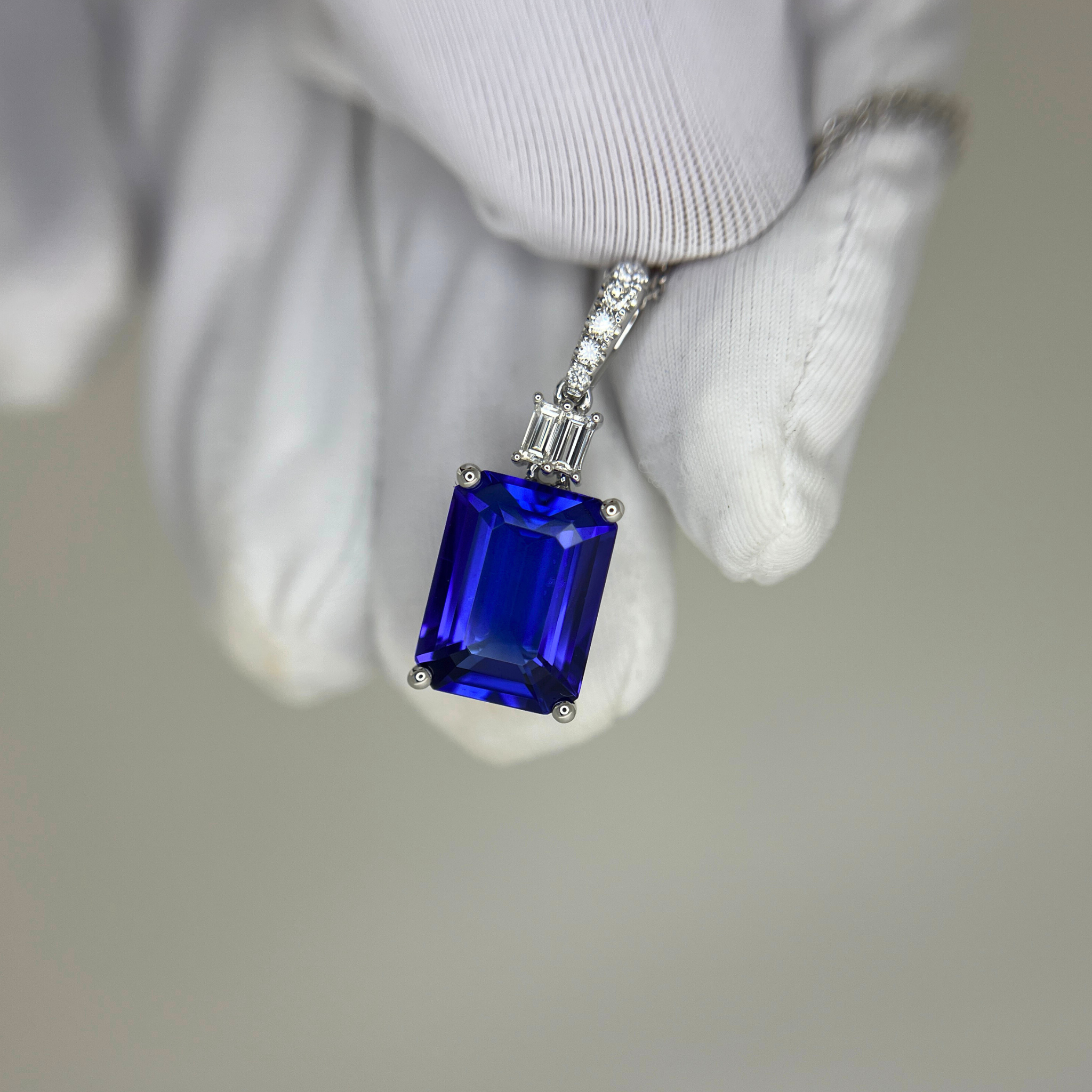 Exceptional Emerald Cut Tanzanite & Baguette Diamond Pendant White Gold
