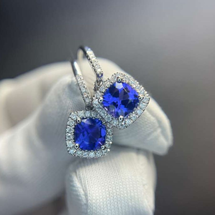 2.00 Ct Cushion Cut Tanzanite & Diamond Halo Drop Earrings