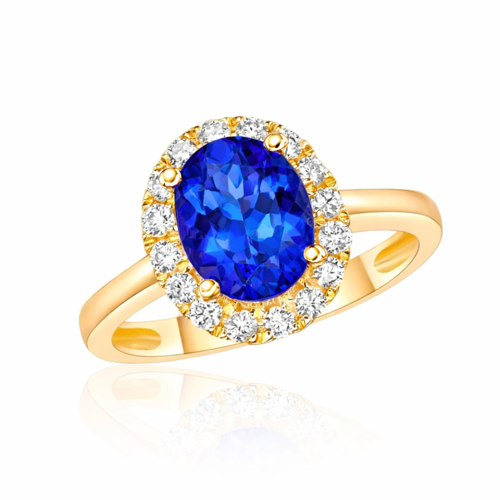 ”Kate” 2.00 Ct Oval Tanzanite & Diamond Halo Ring in Yellow Gold