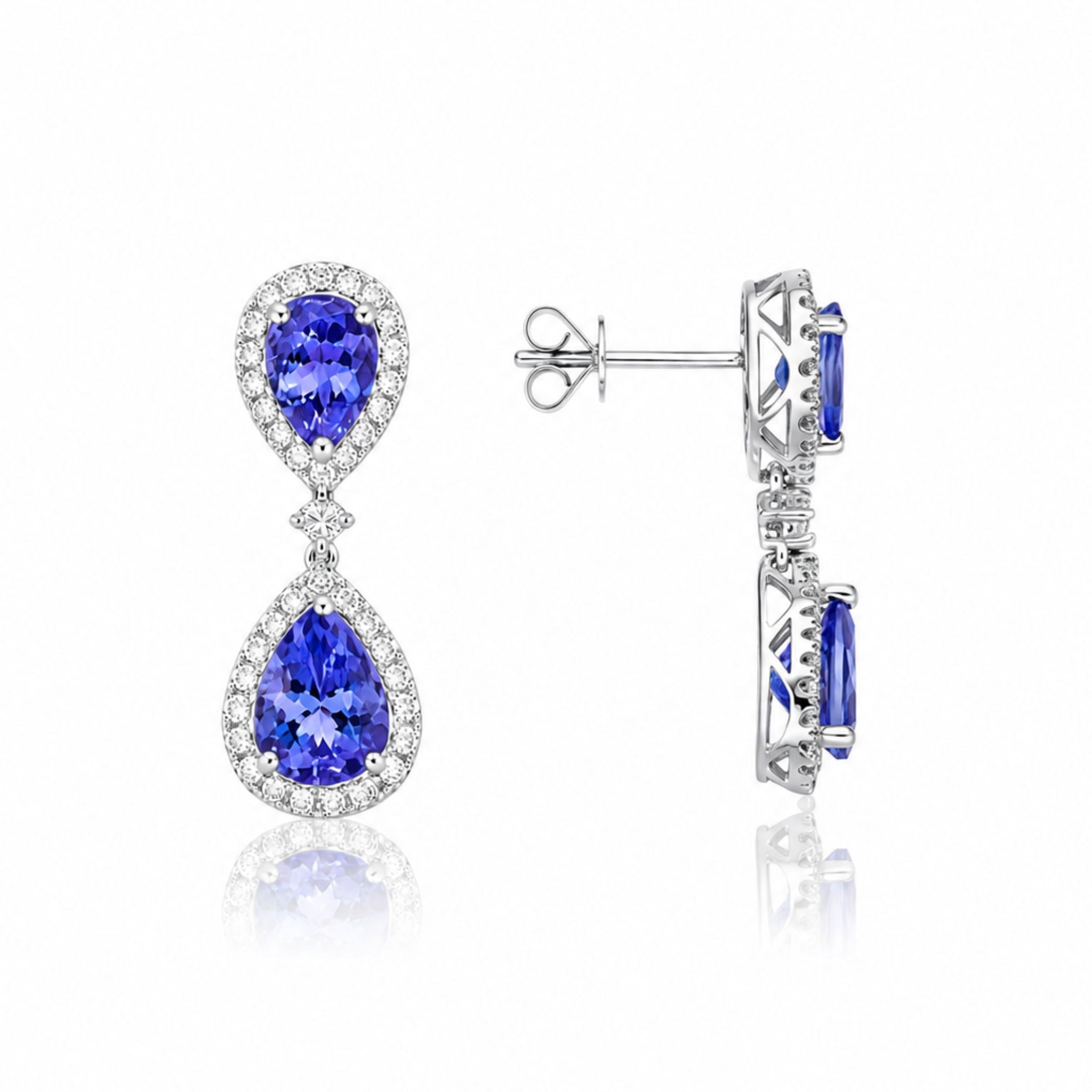Double Pear-Shaped Tanzanite & Diamond Halo Earrings - Made To Order