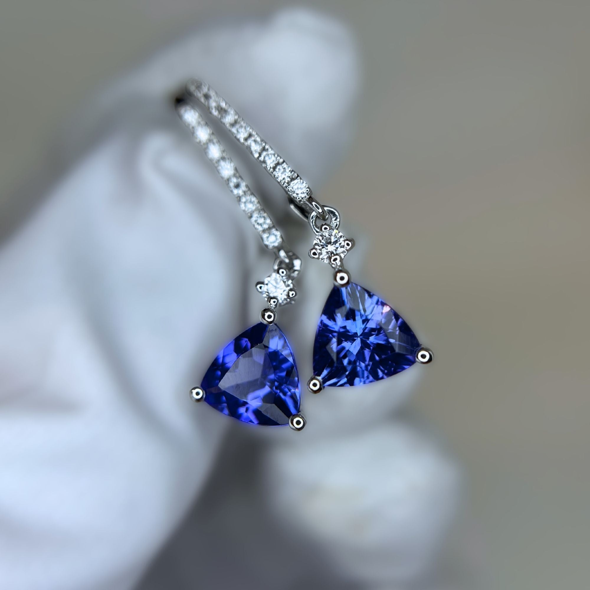 2.46 Ct Tanzanite Trillion Cut & Diamond Earrings
