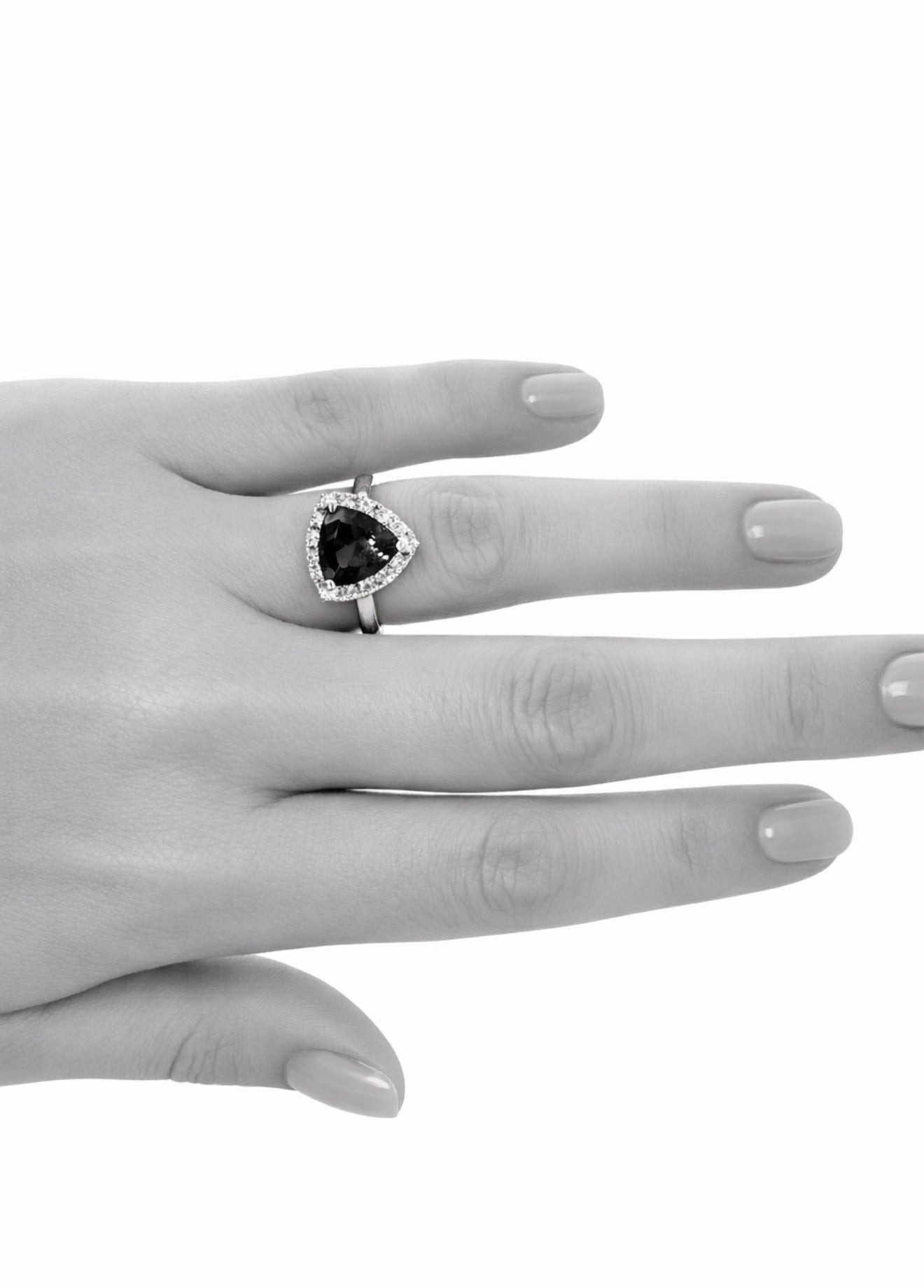 Trillion Cut Tanzanite Ring with Diamond Halo