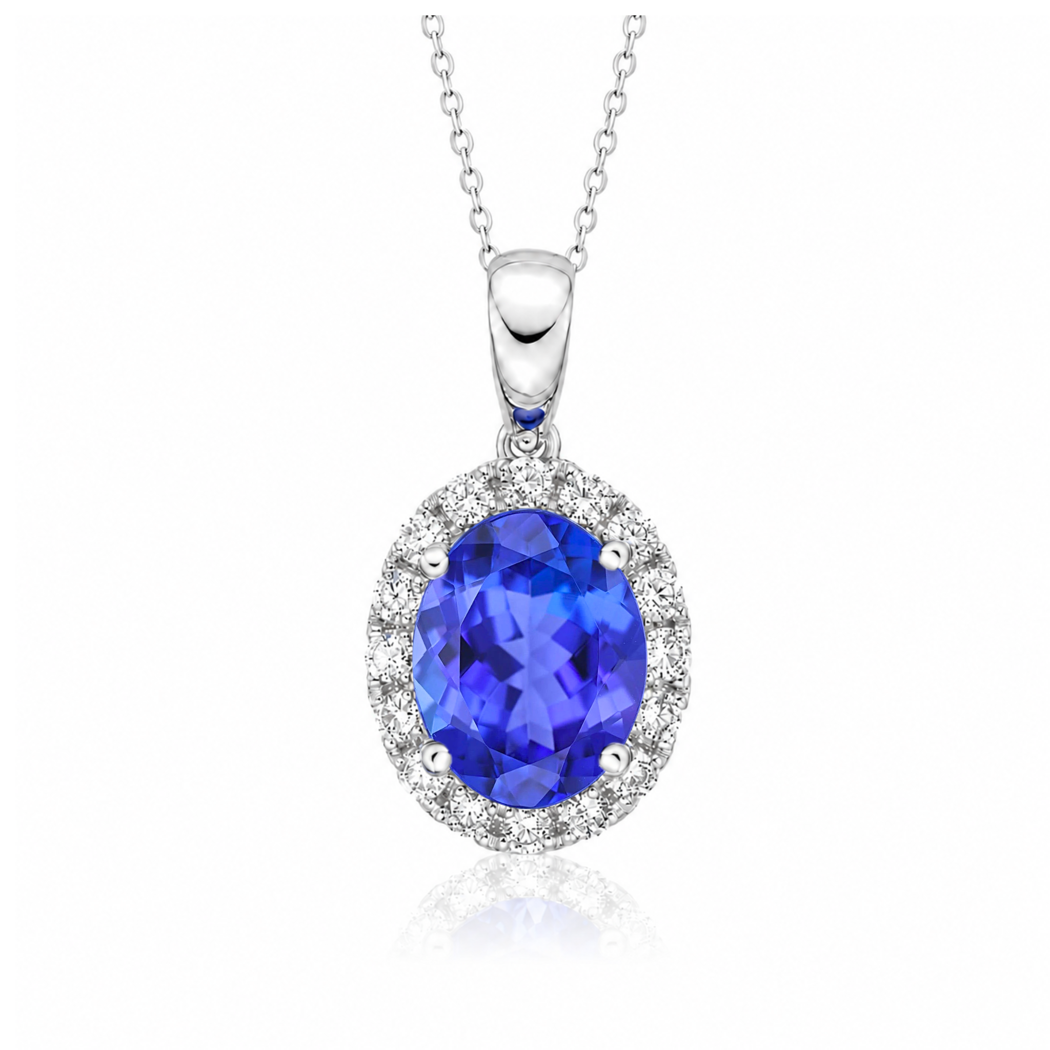 Oval tanzanite pendant necklace with round 2 carat tanzanite that is AAA grade . Pendant is set with diamonds.