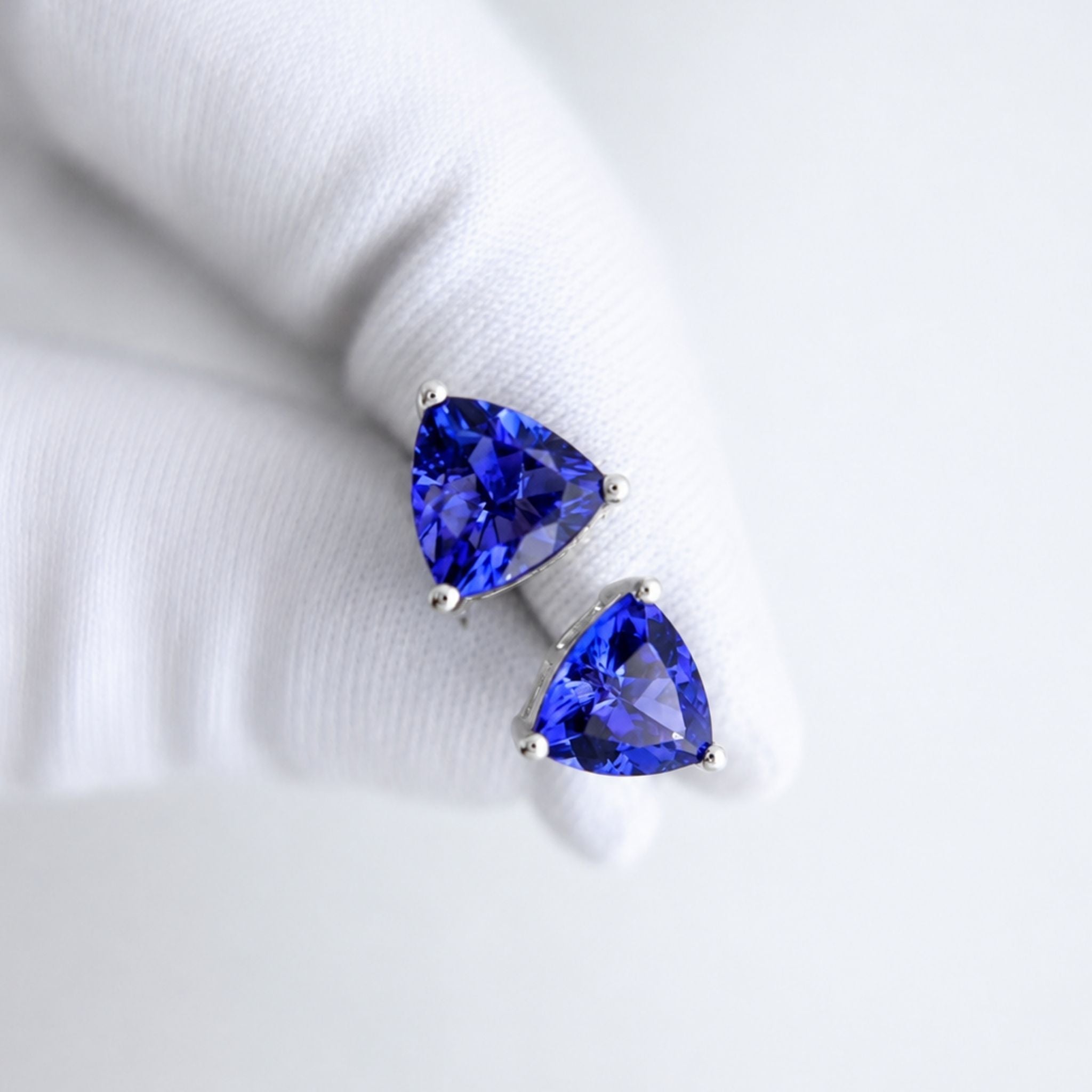 Premium Trillion Cut Tanzanite Stud Earrings in 18k White Gold