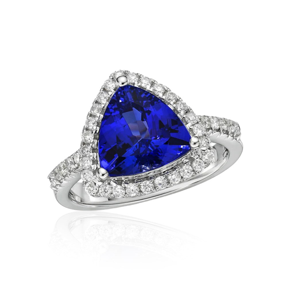 2.72 Ct Trillion Cut Tanzanite Ring with Diamond Halo & Band