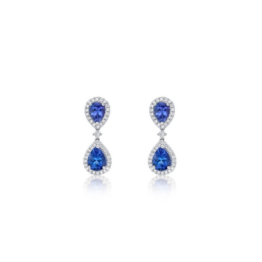 Double Pear-Shaped Tanzanite & Diamond Halo Earrings – Made To Order