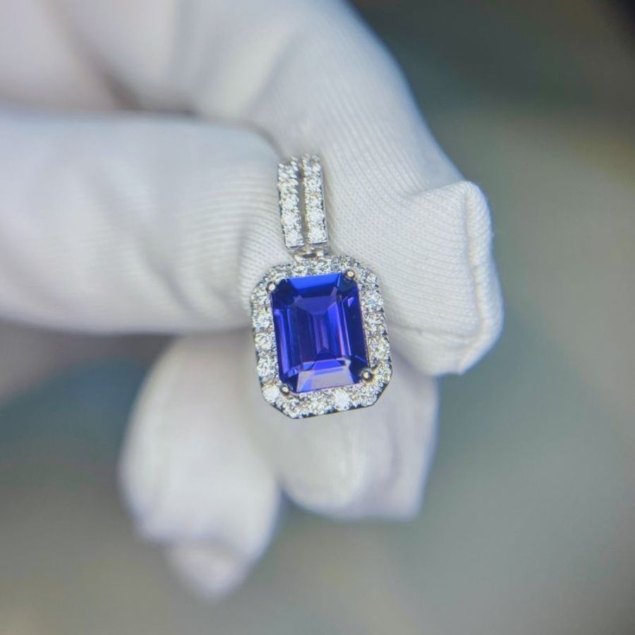 Exceptional 2.23 Ct Emerald Cut Tanzanite & Diamond Pendant