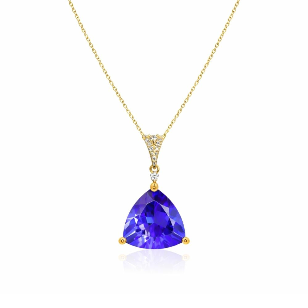 Brilliant 3.33 Carat Trillion Cut Tanzanite & Diamond Pendant in Yellow Gold