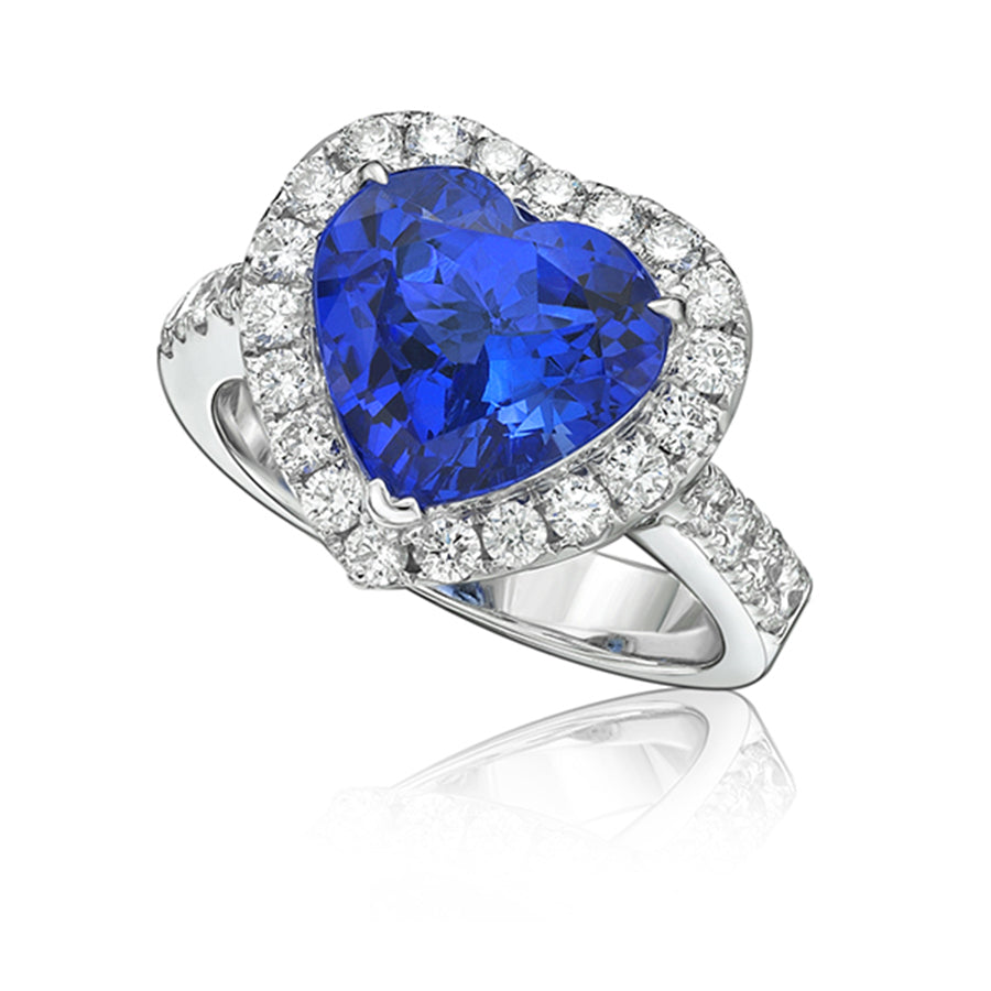 Exceptional 4.56 Ct Heart-Shaped Tanzanite Ring with Diamond Halo & Band