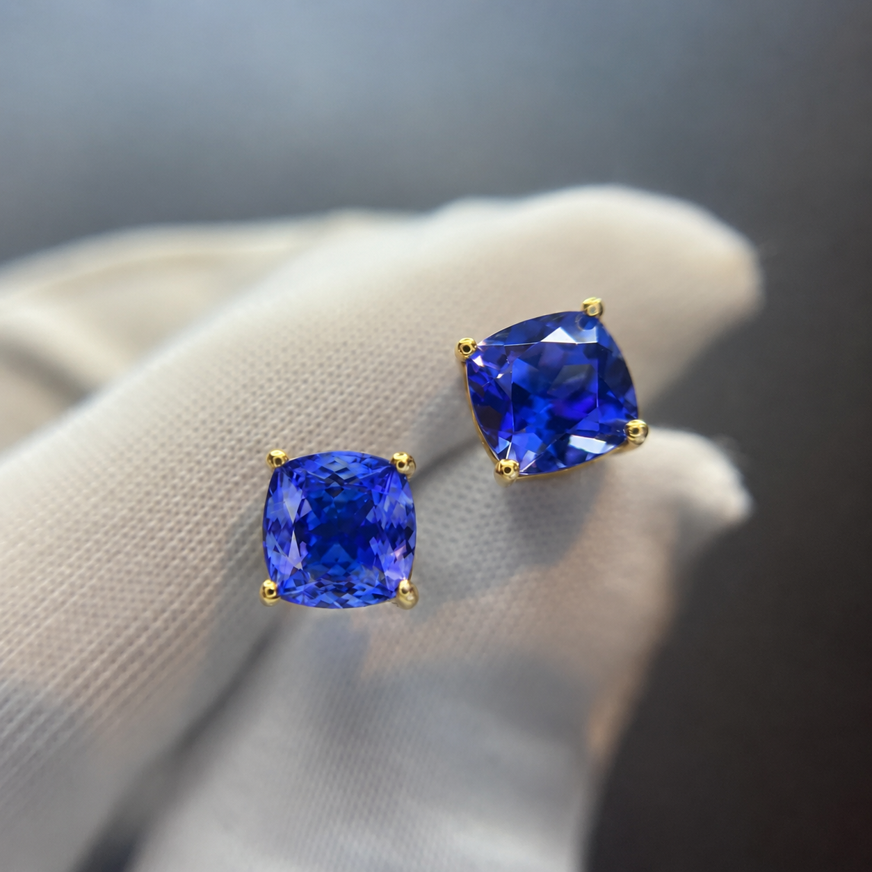 Blue tanzanite cushion cut gemstone earrings