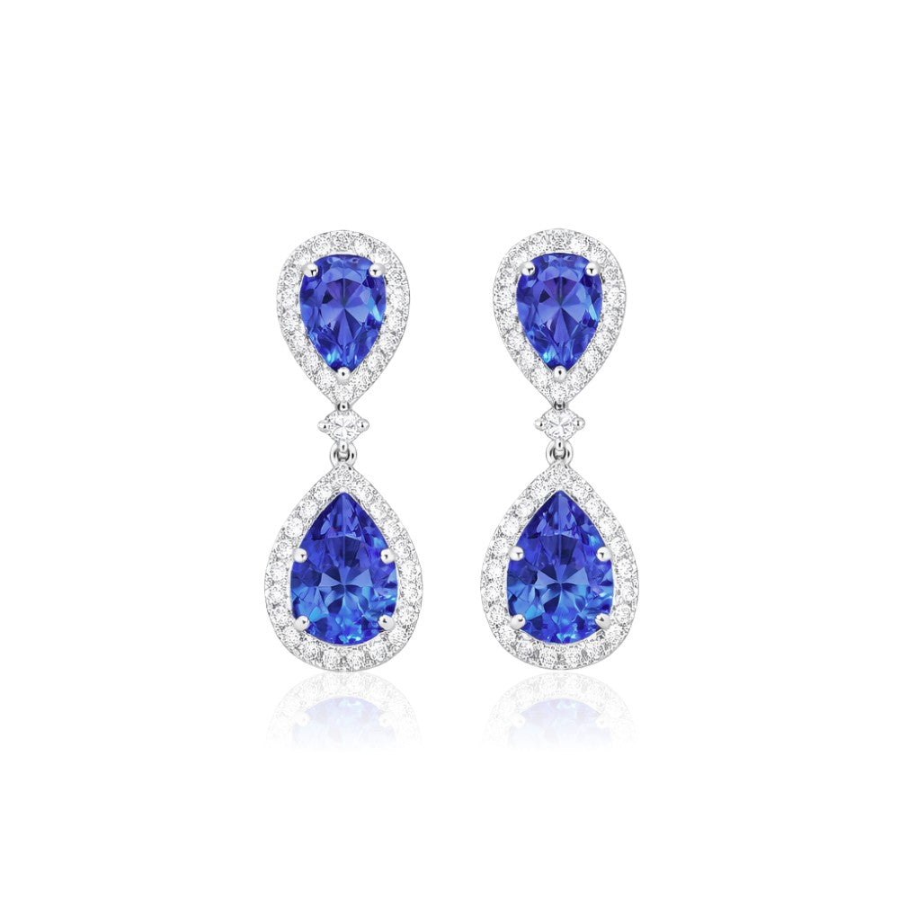 Double Pear-Shaped Tanzanite & Diamond Halo Earrings