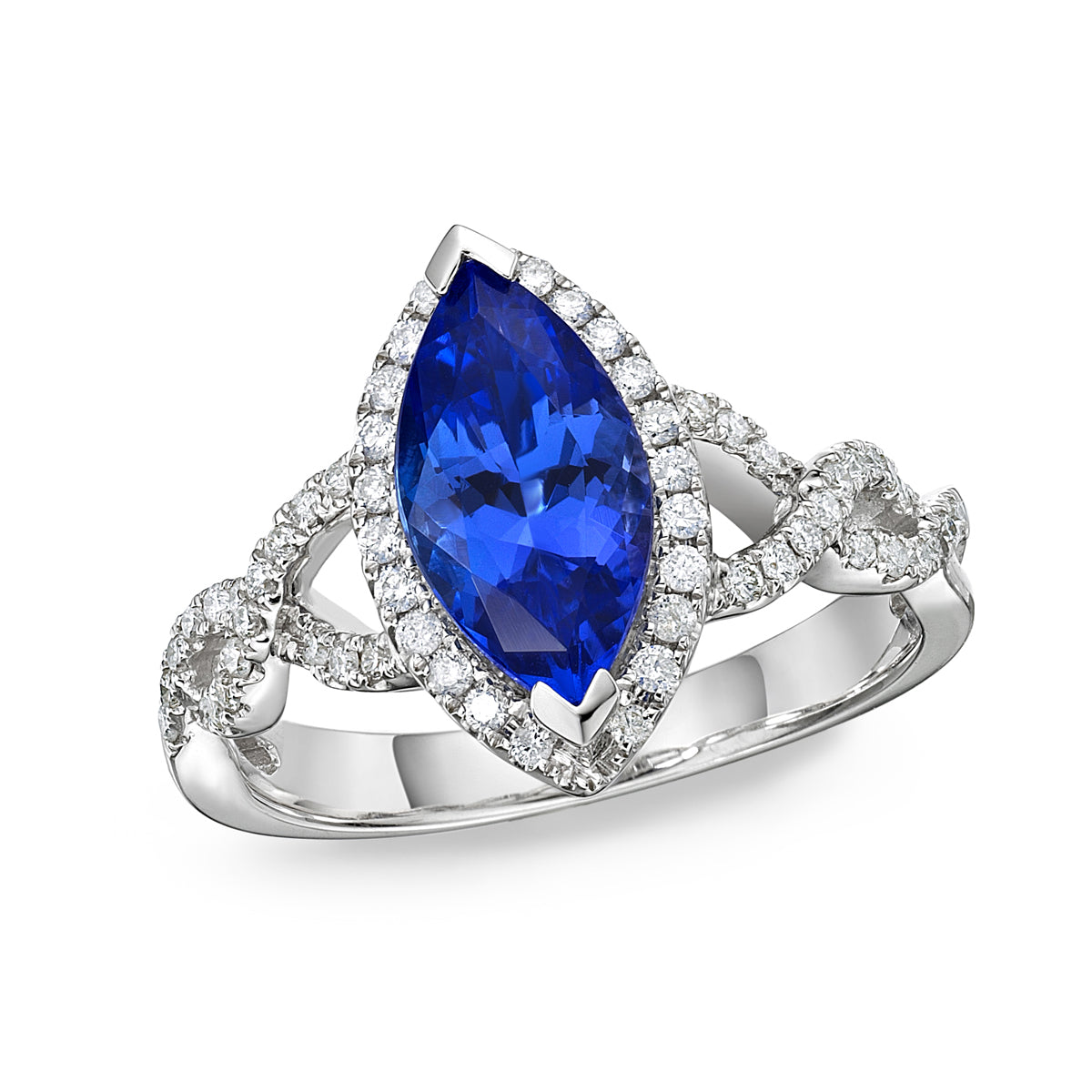 2.00 Ct Marquise Cut Tanzanite Twist Ring with Diamond Halo & Band