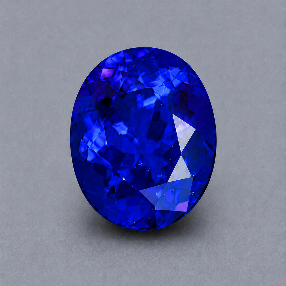 An oval-cut, faceted deep blue gemstone of tanzanite ,