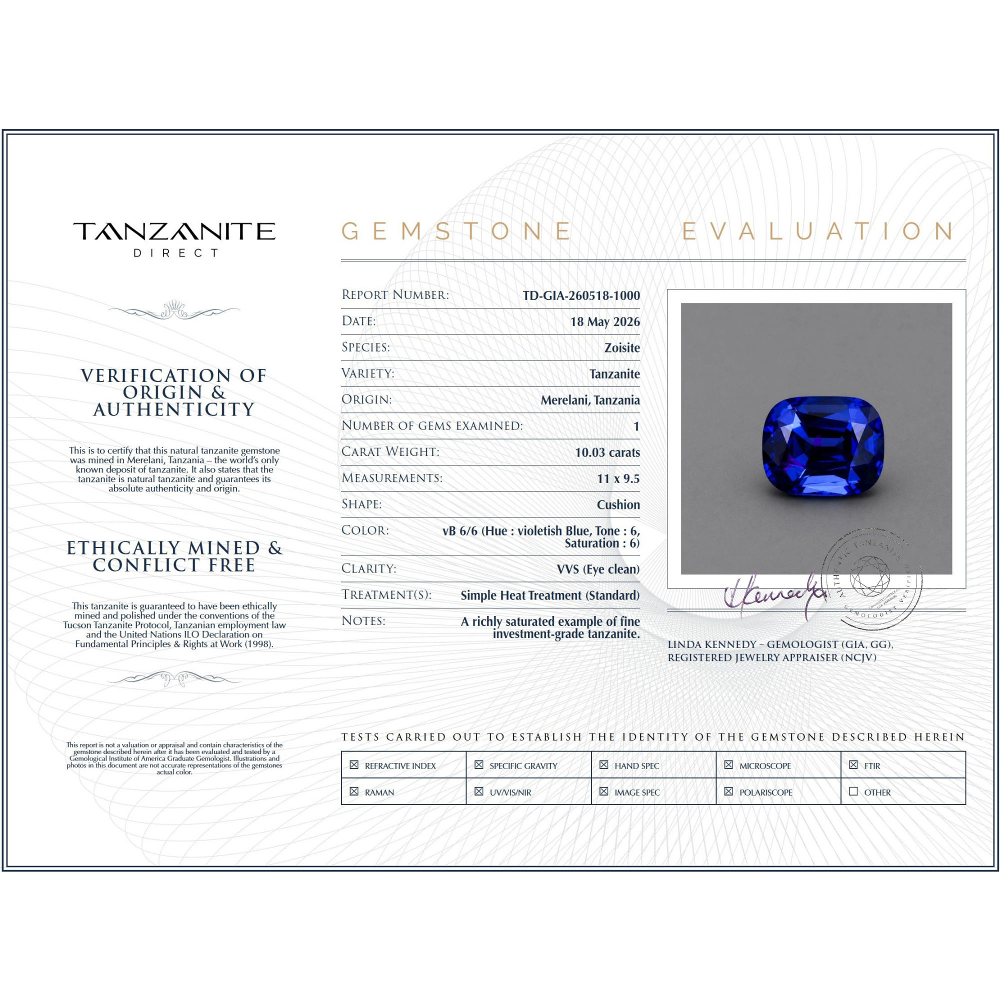 10.03 Carat Tanzanite Cushion Cut Gemstone