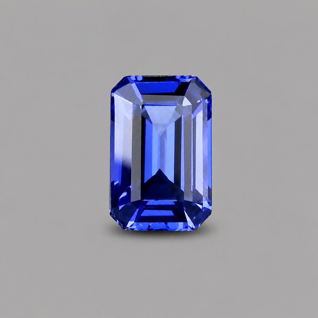 Emerald-cut tanzanite gemstone with vivid royal blue colour