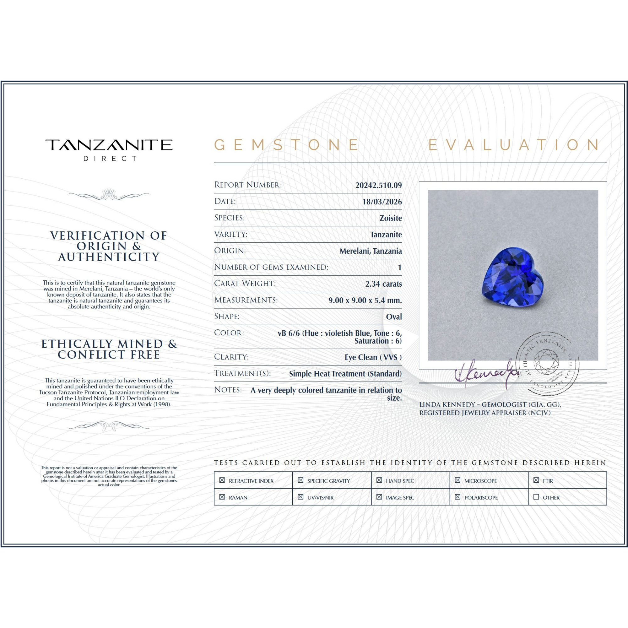 2.34 Carat Heart Cut Tanzanite Gemstone