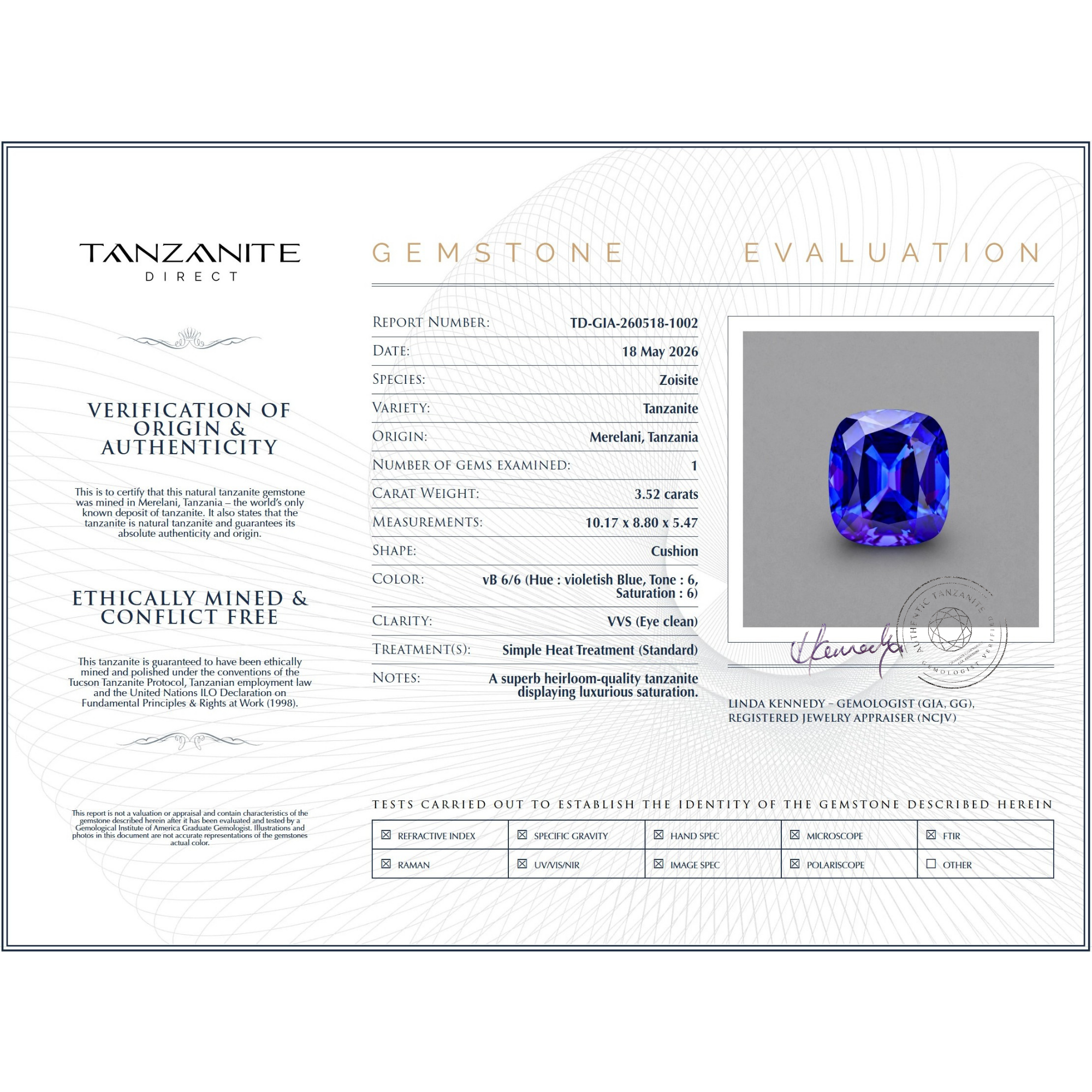 3.52 Carat Tanzanite Cushion Cut Gemstone