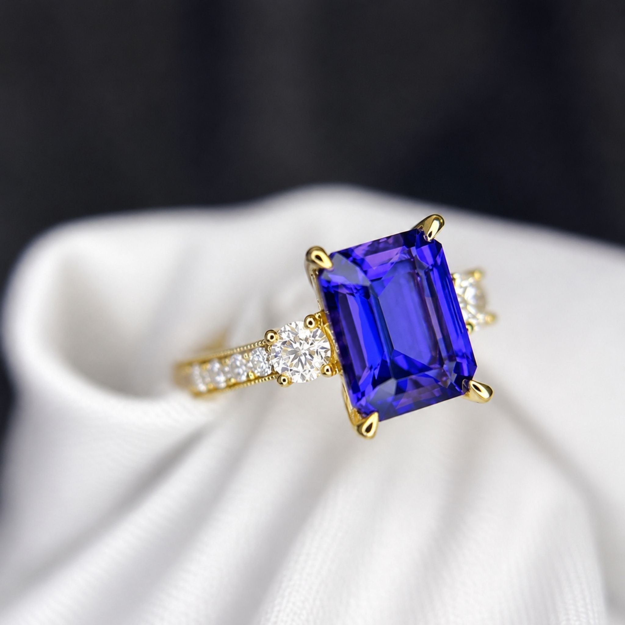 3.50 Ct Deep Blue Emerald Cut Tanzanite Ring - Made to Order