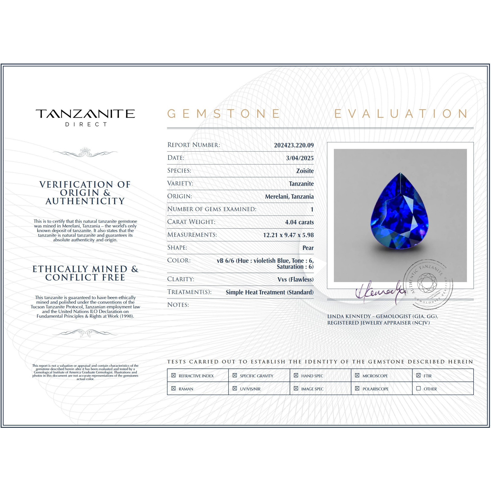 4.04 ct Pear Tanzanite Gemstone – GIA Certified