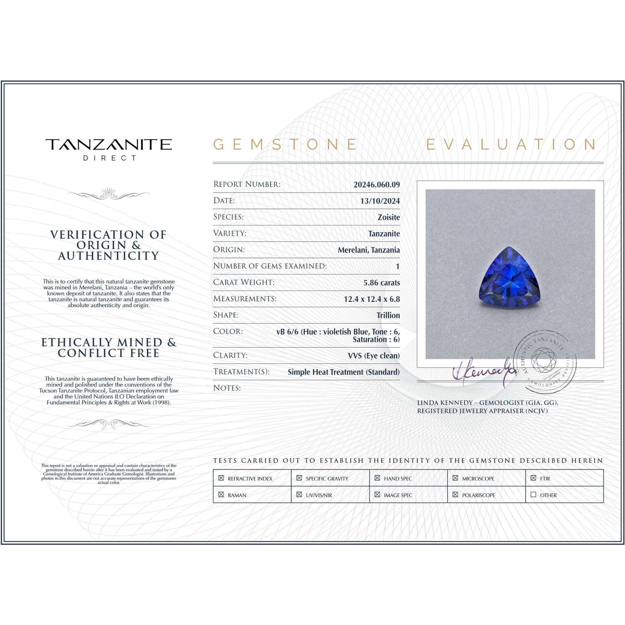 5.86 Carat Trillion Cut Tanzanite Gemstone