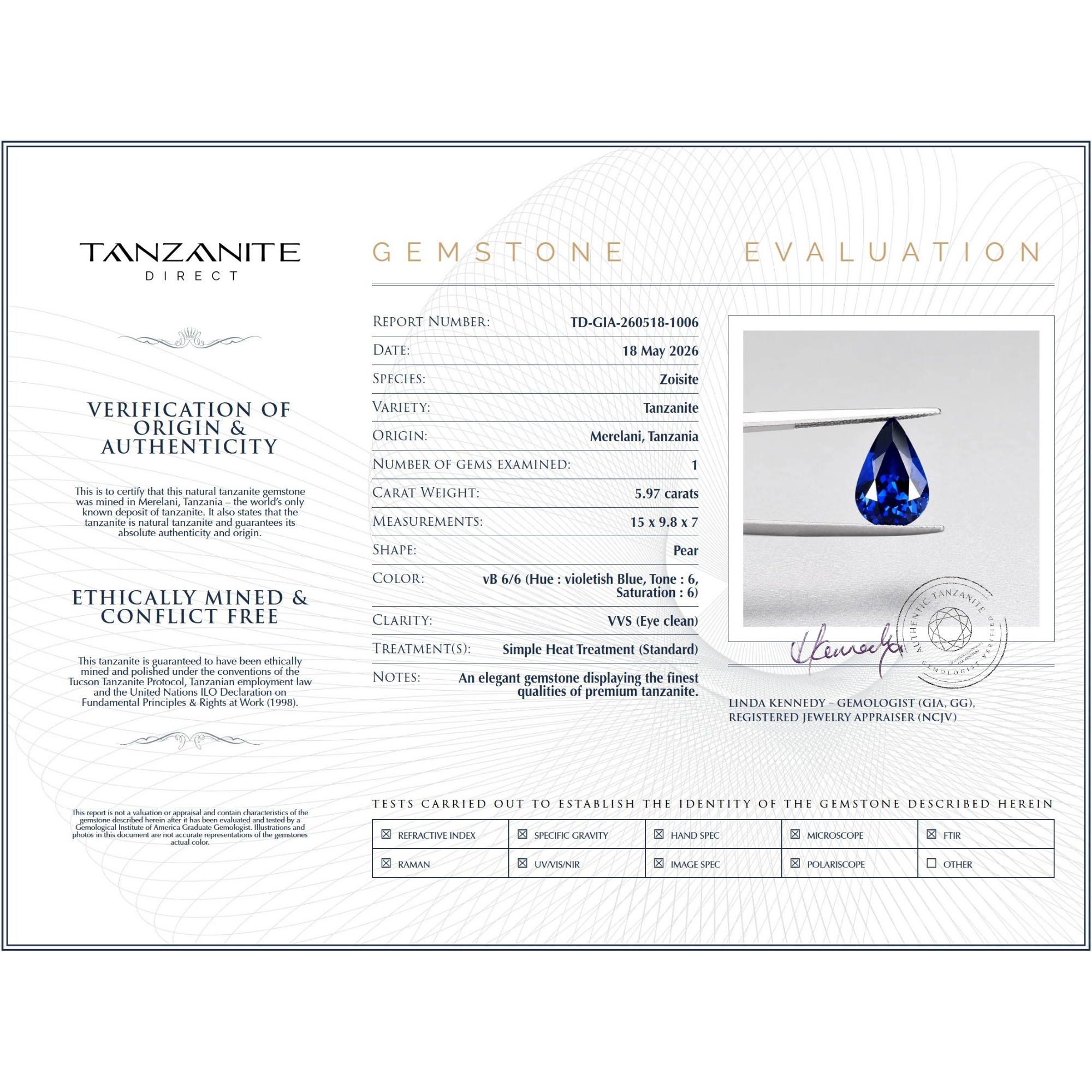 5.97 Carat Tanzanite Pear Cut Gemstone