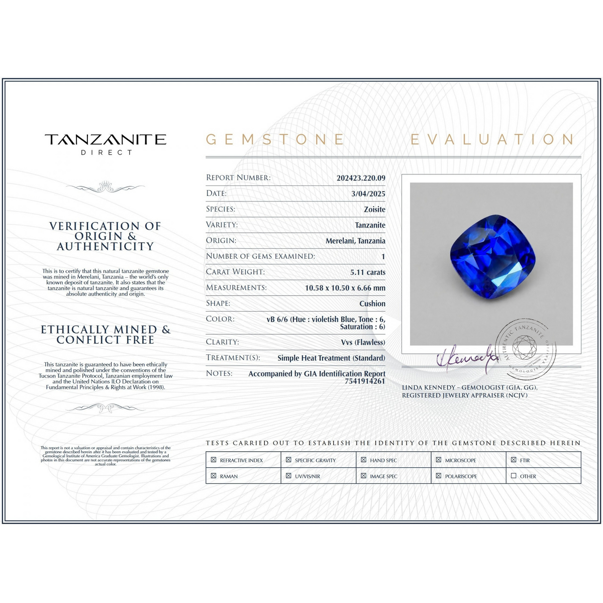 5.11 ct Cushion Tanzanite Gemstone – With GIA Identification Report
