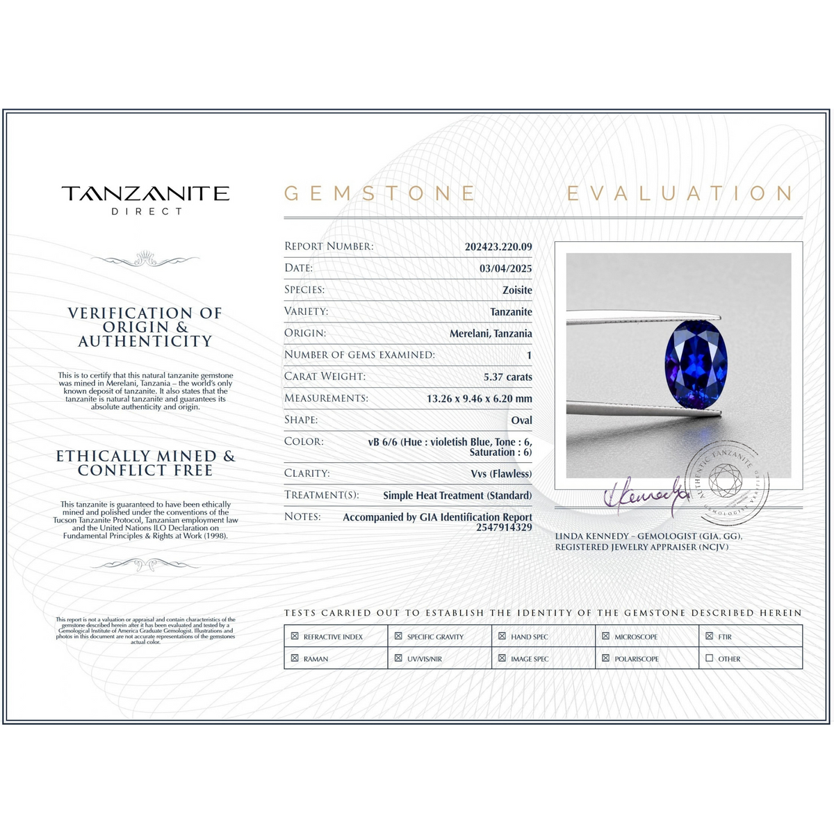5.37 ct Oval Tanzanite Gemstone – With GIA Identification Report