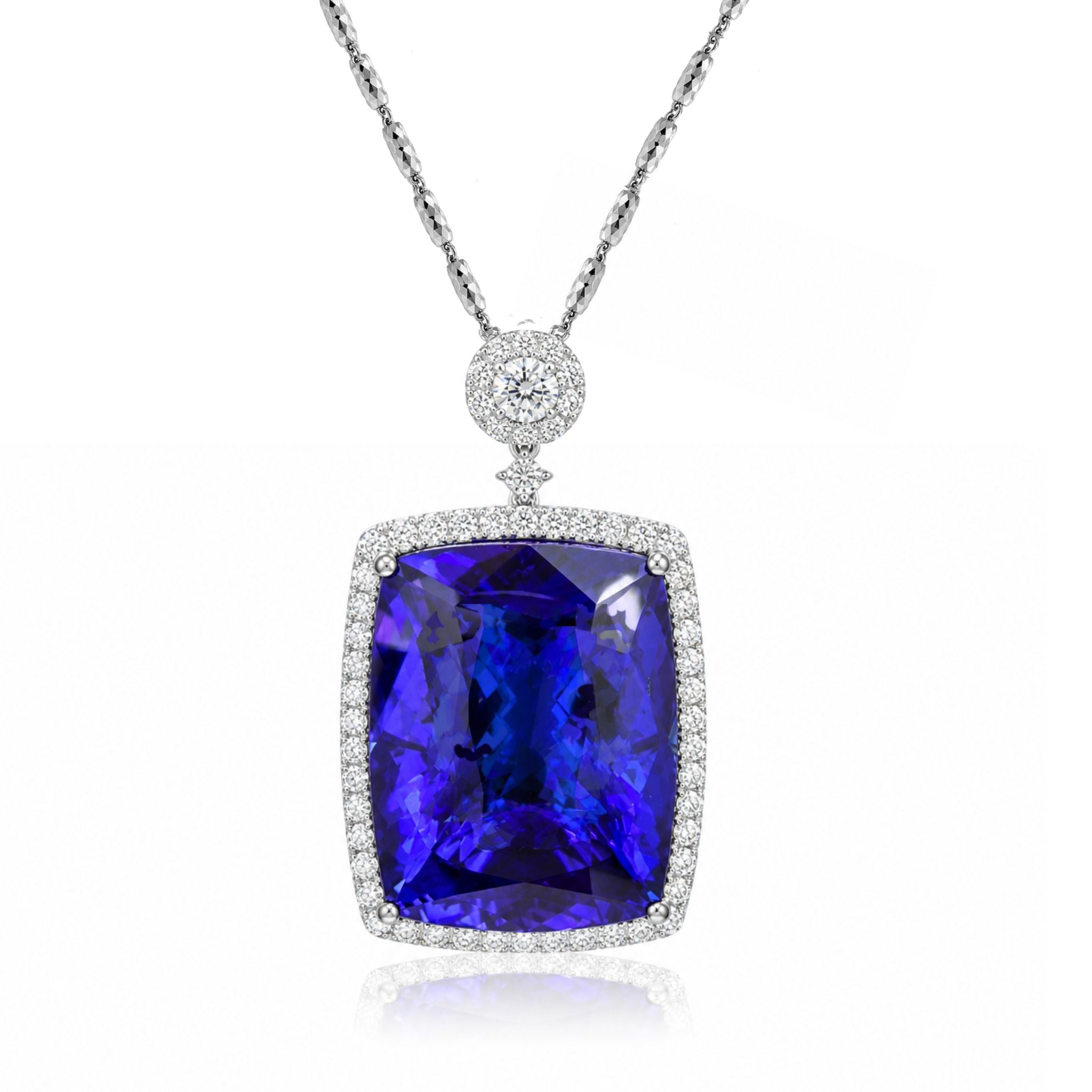Investment-Grade Square 54 Carat Tanzanite and Diamond Pendant Necklace