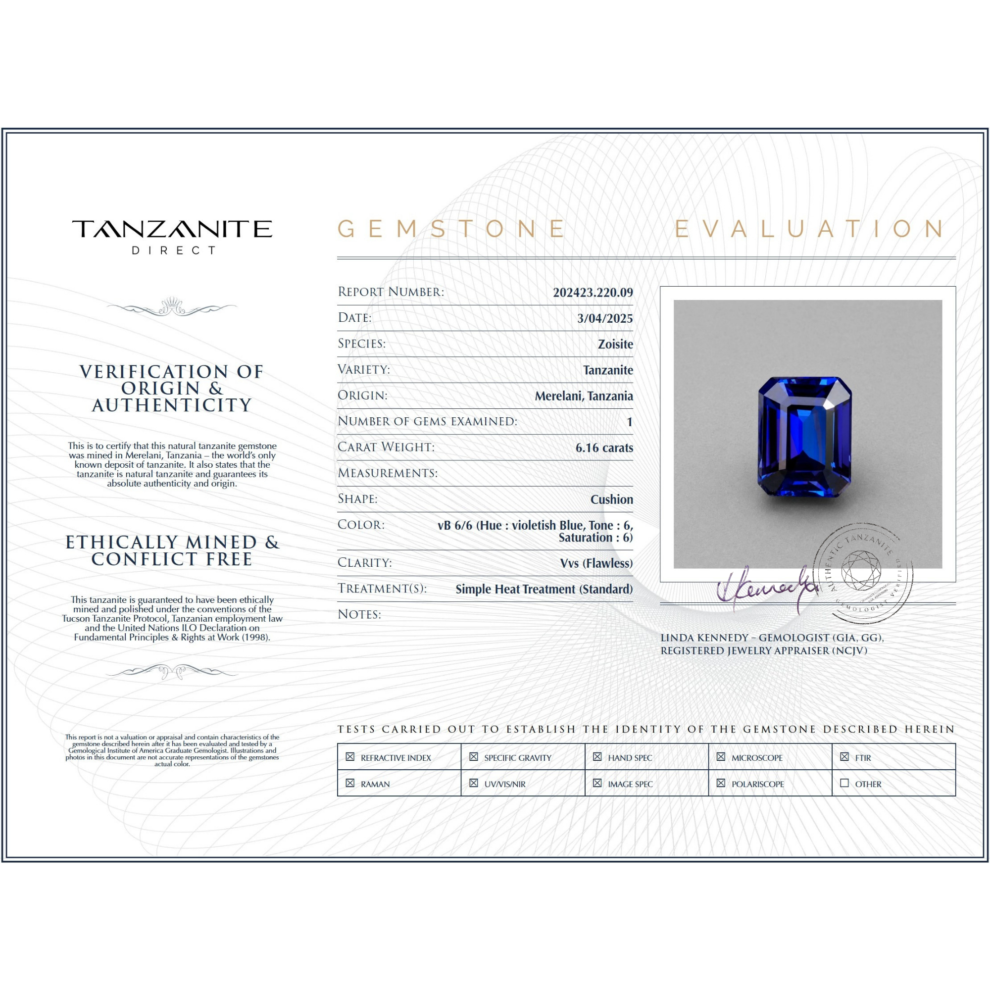 6.16 ct Emerald Cut Tanzanite Gemstone – GIA Certified