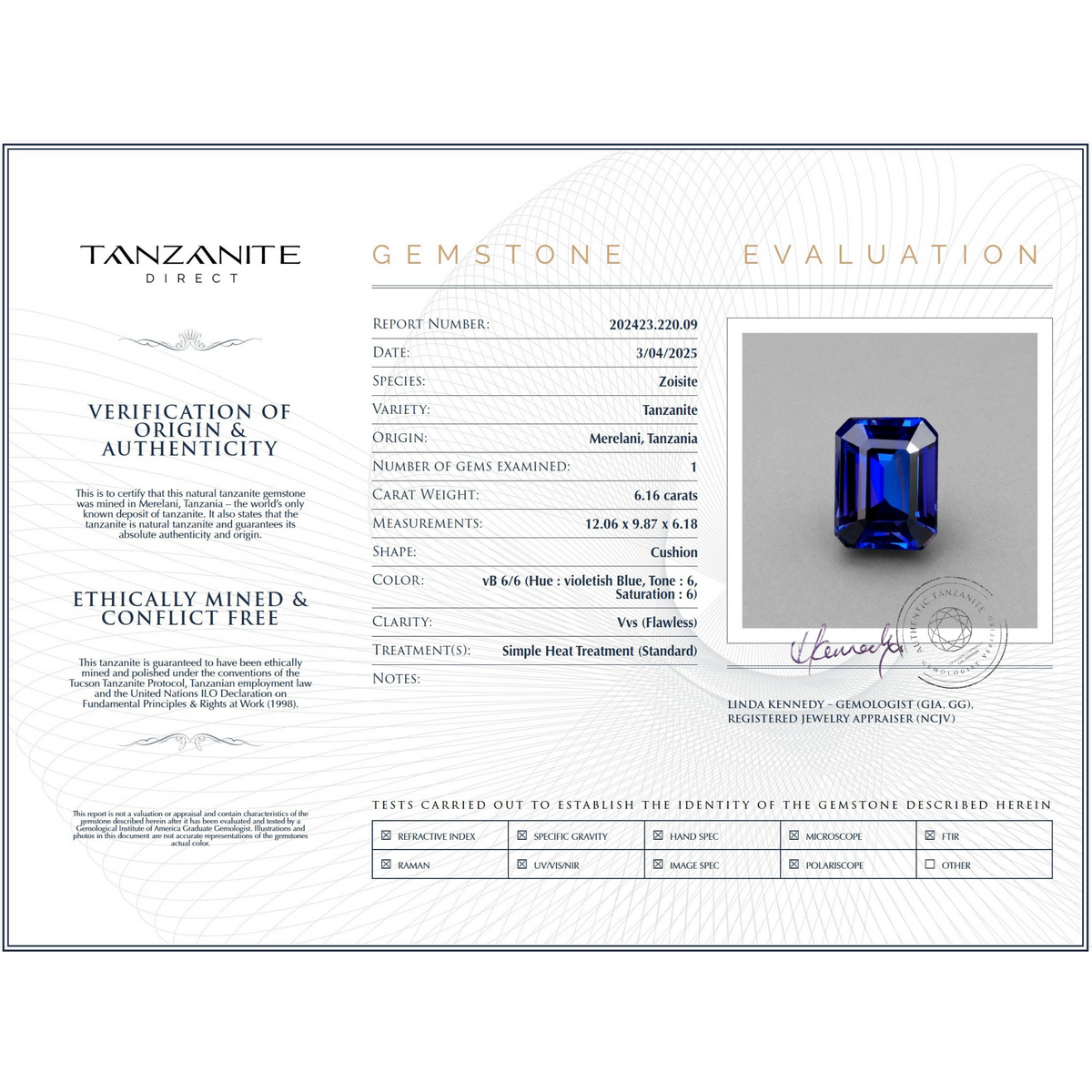 6.16 ct Emerald Cut Tanzanite Gemstone – GIA Certified