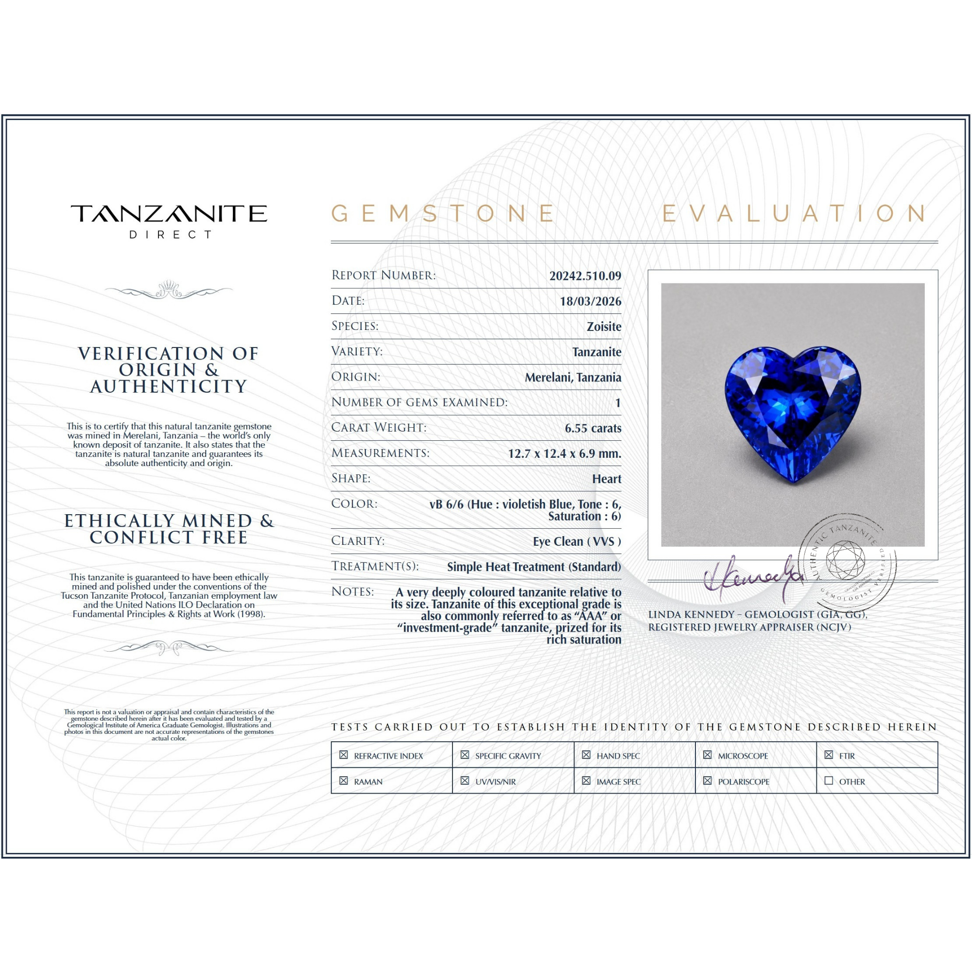 6.55 Carat Heart Cut Tanzanite Gemstone