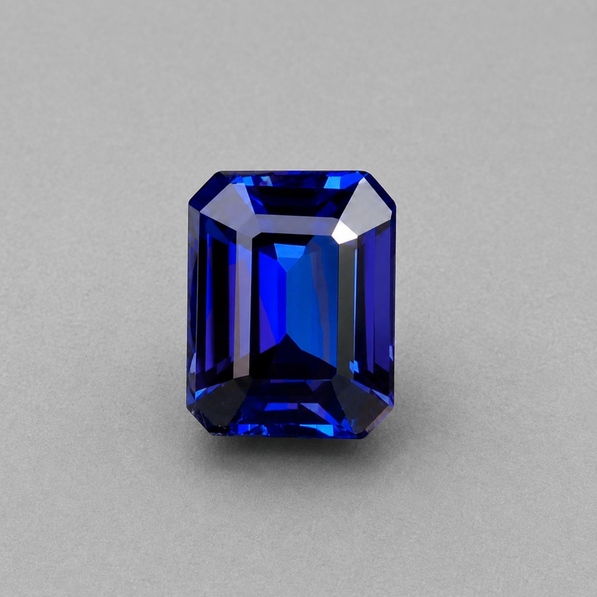 Emerald-cut tanzanite gemstone with vivid royal blue colour