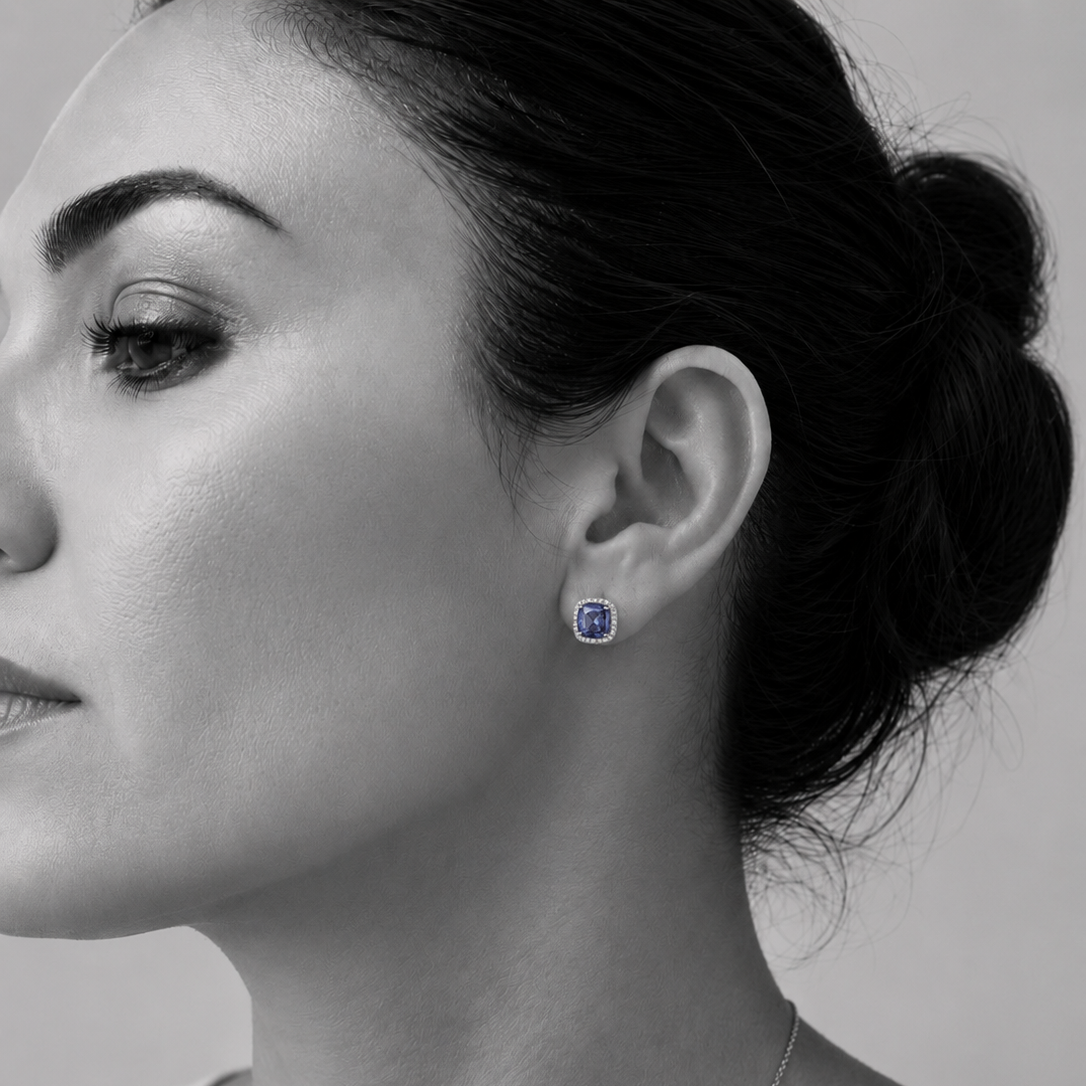 Exceptional Cushion Cut & Diamond Halo Tanzanite Earrings