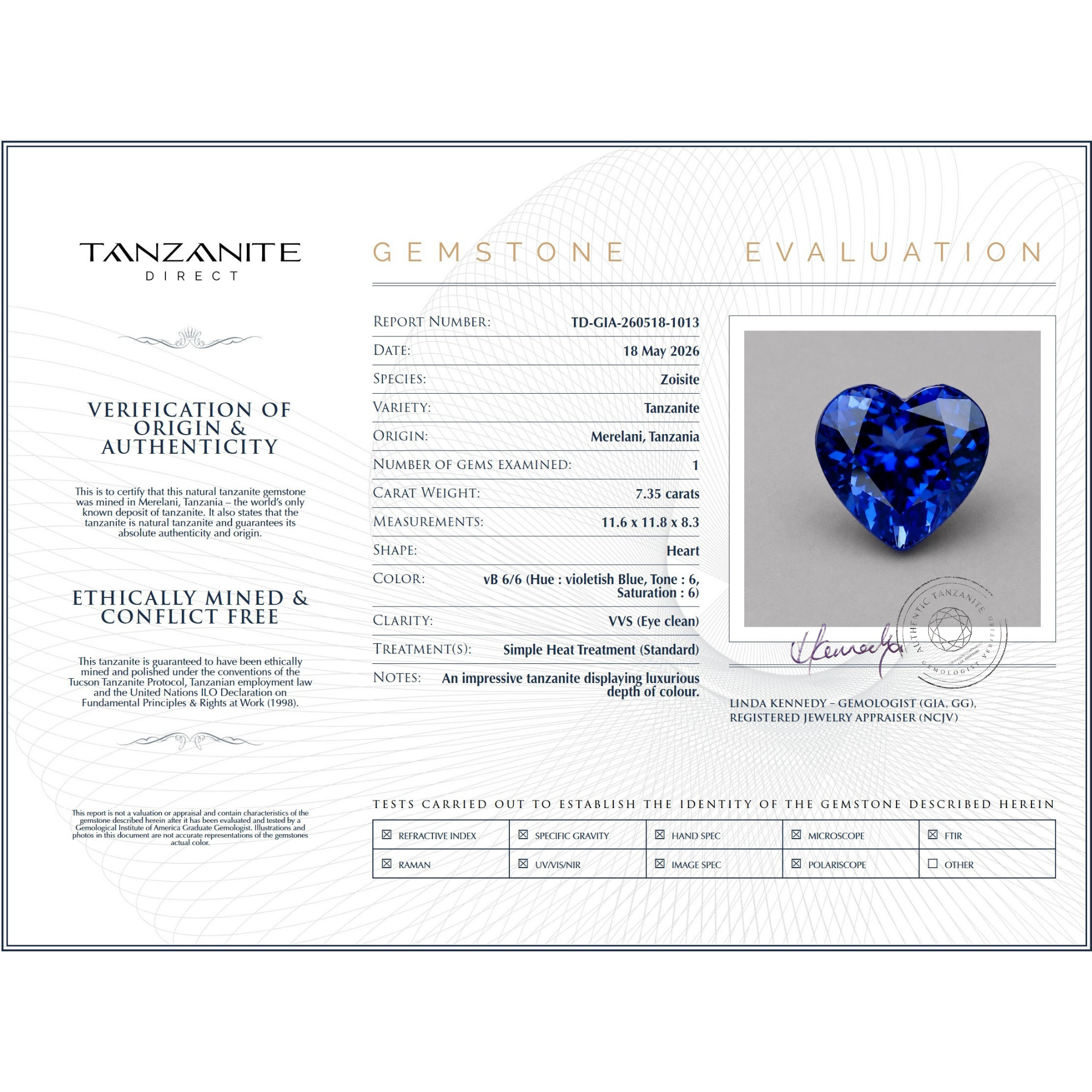 7.35 Carat Tanzanite Heart Cut Gemstone
