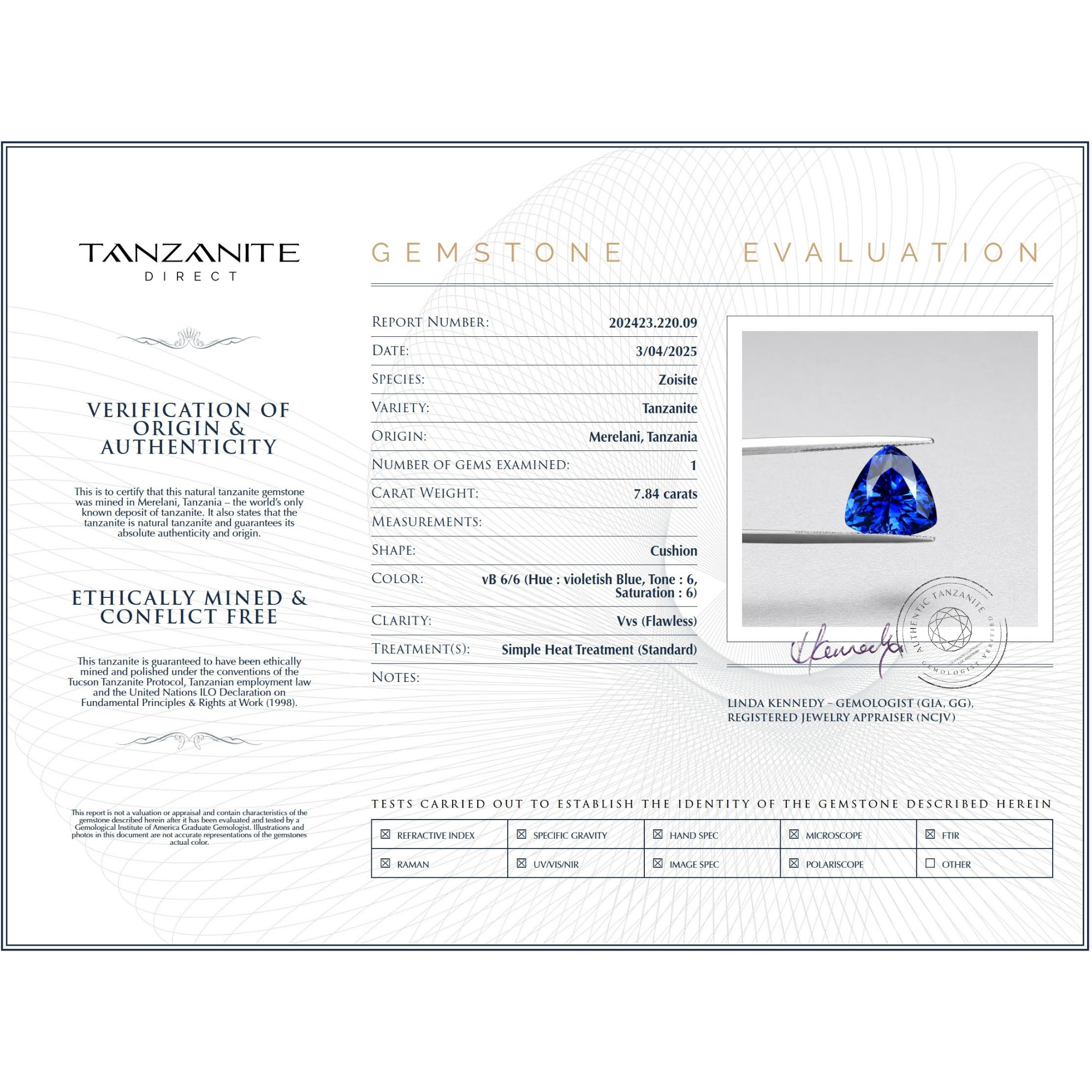 7.84 ct Trillion Tanzanite Gemstone – GIA Certified