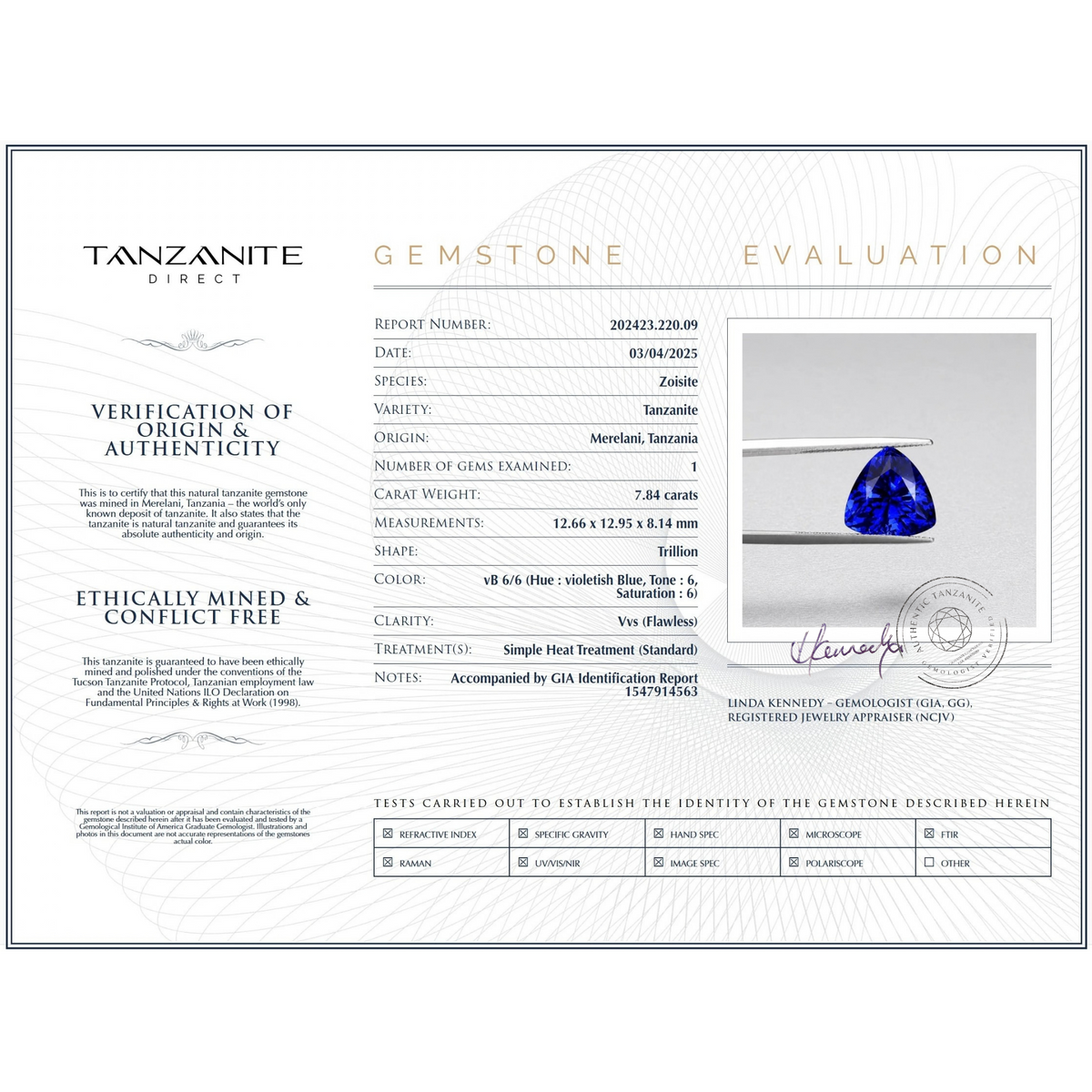 7.84 ct Trillion Tanzanite Gemstone – With GIA Identification Report