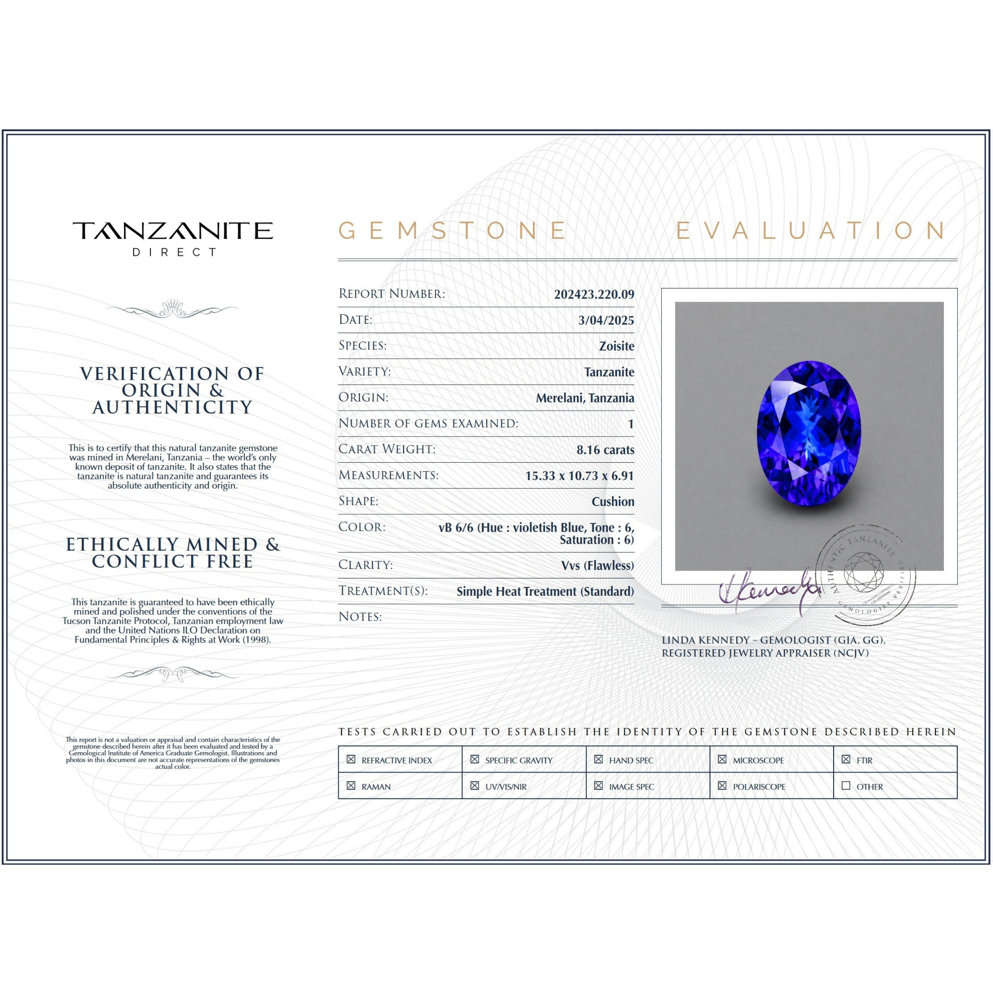 8.16 ct Oval Tanzanite Gemstone – GIA Certified