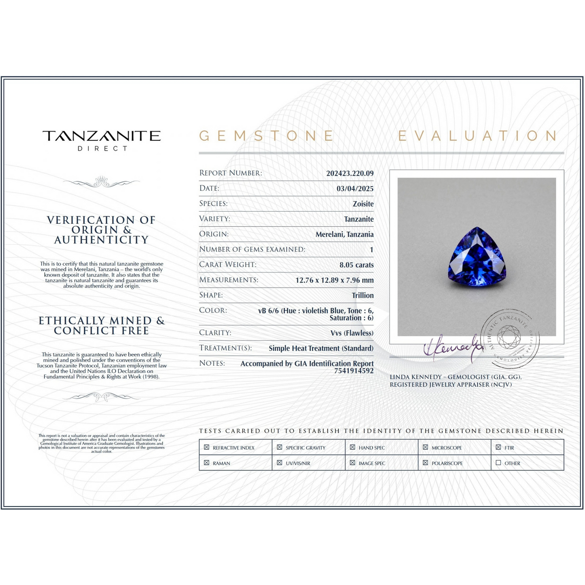 8.05 ct Trillion Cut Tanzanite Gemstone – With GIA Identification Report