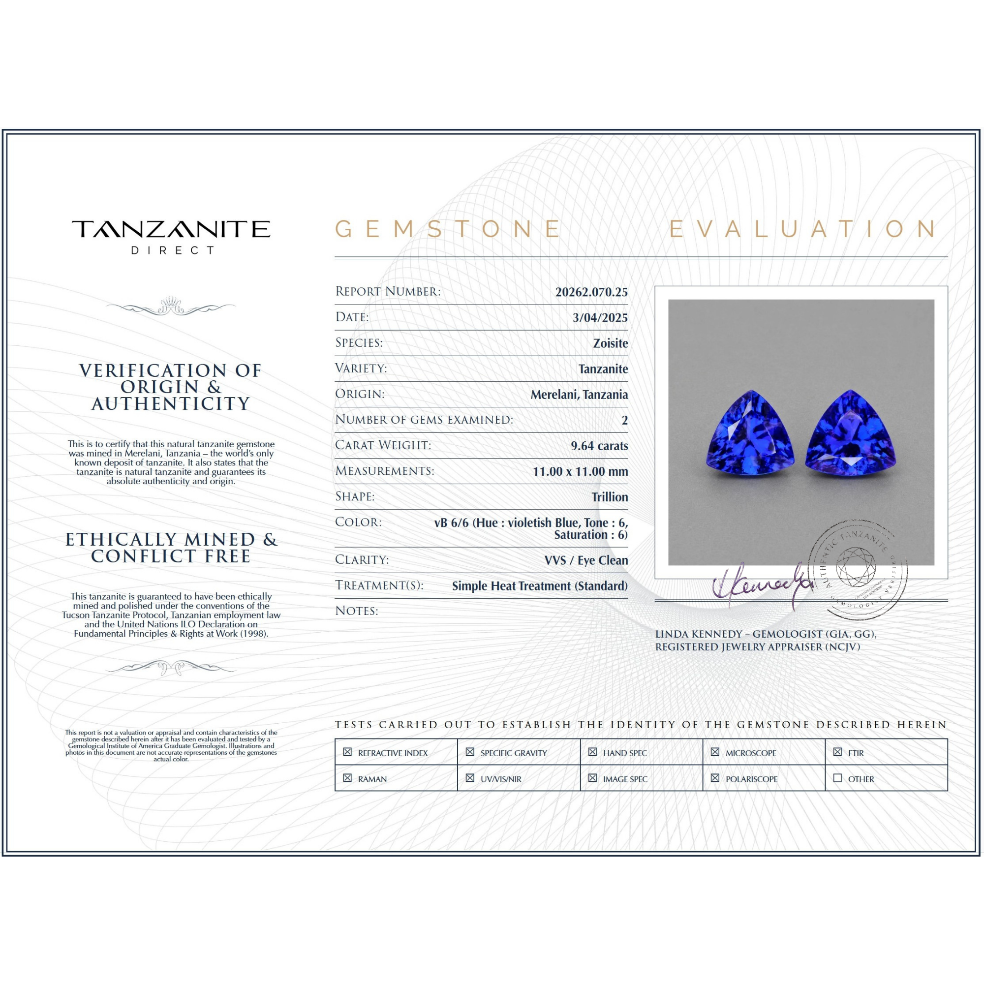 Trillion Cut Tanzanite Matching Pair -  9.64 Carats