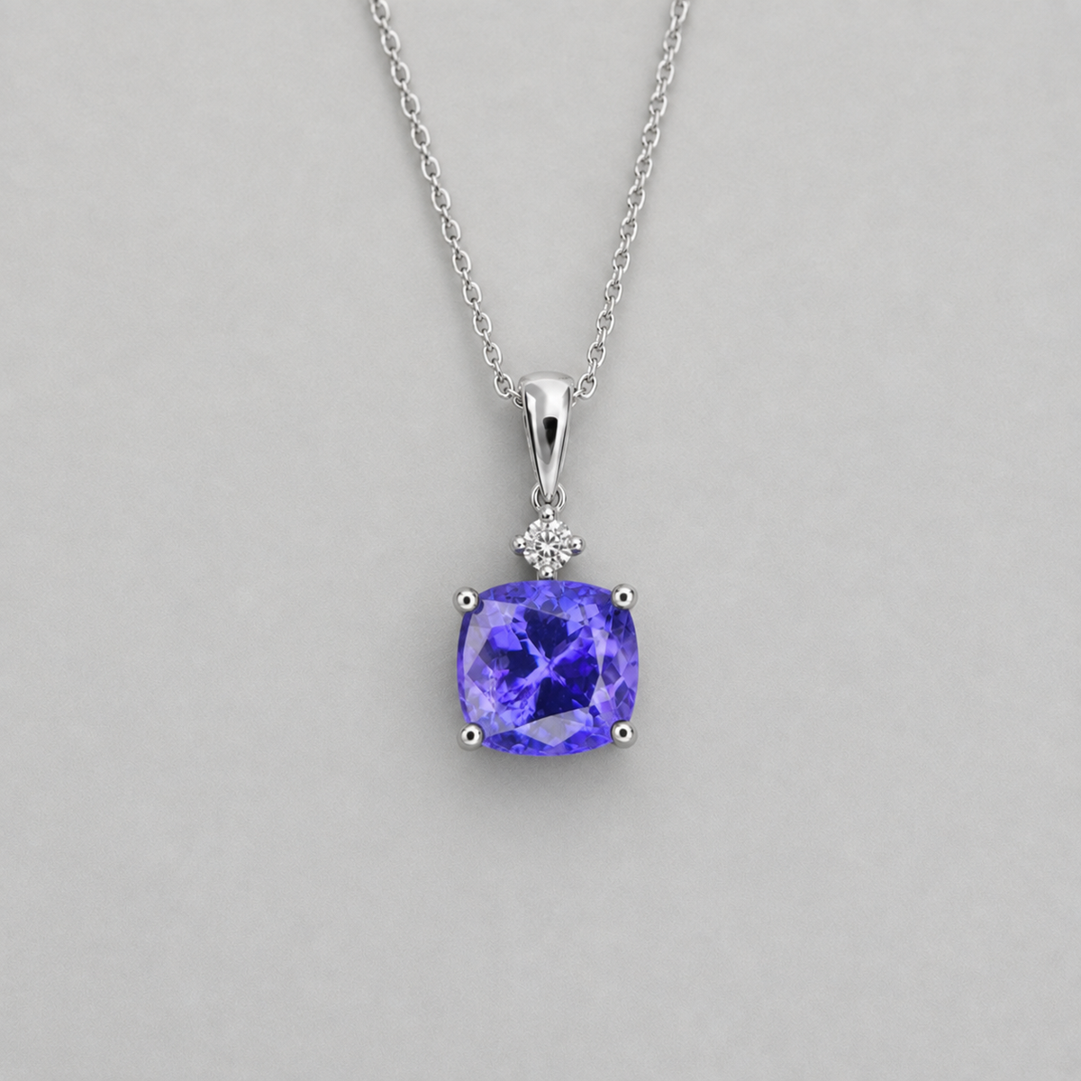 Cushion Cut Tanzanite & Diamond Pendant, White Gold