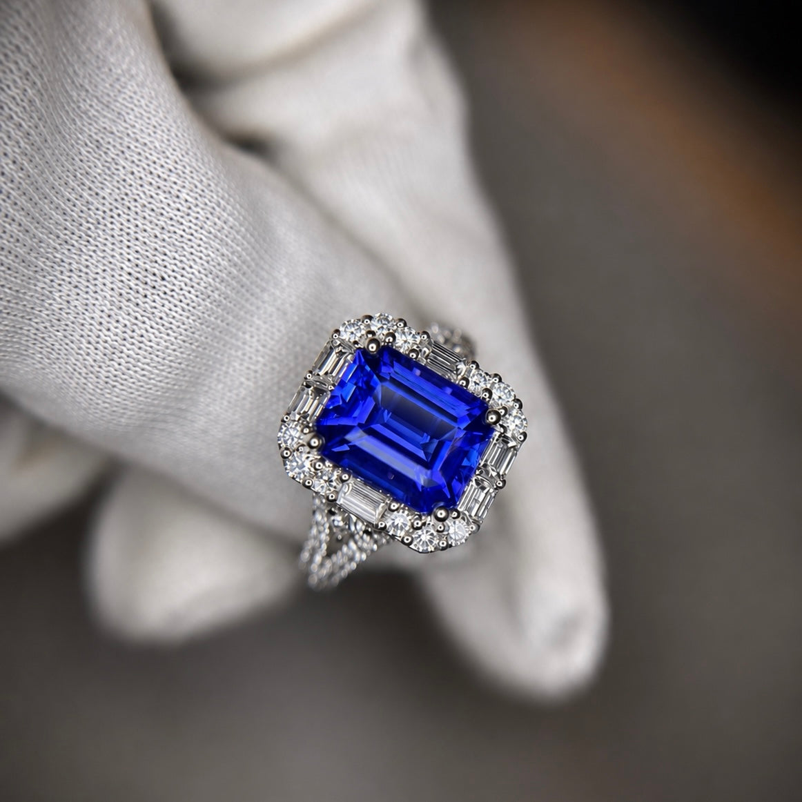 emerald cut tanzanite ring with diamond baguettes 