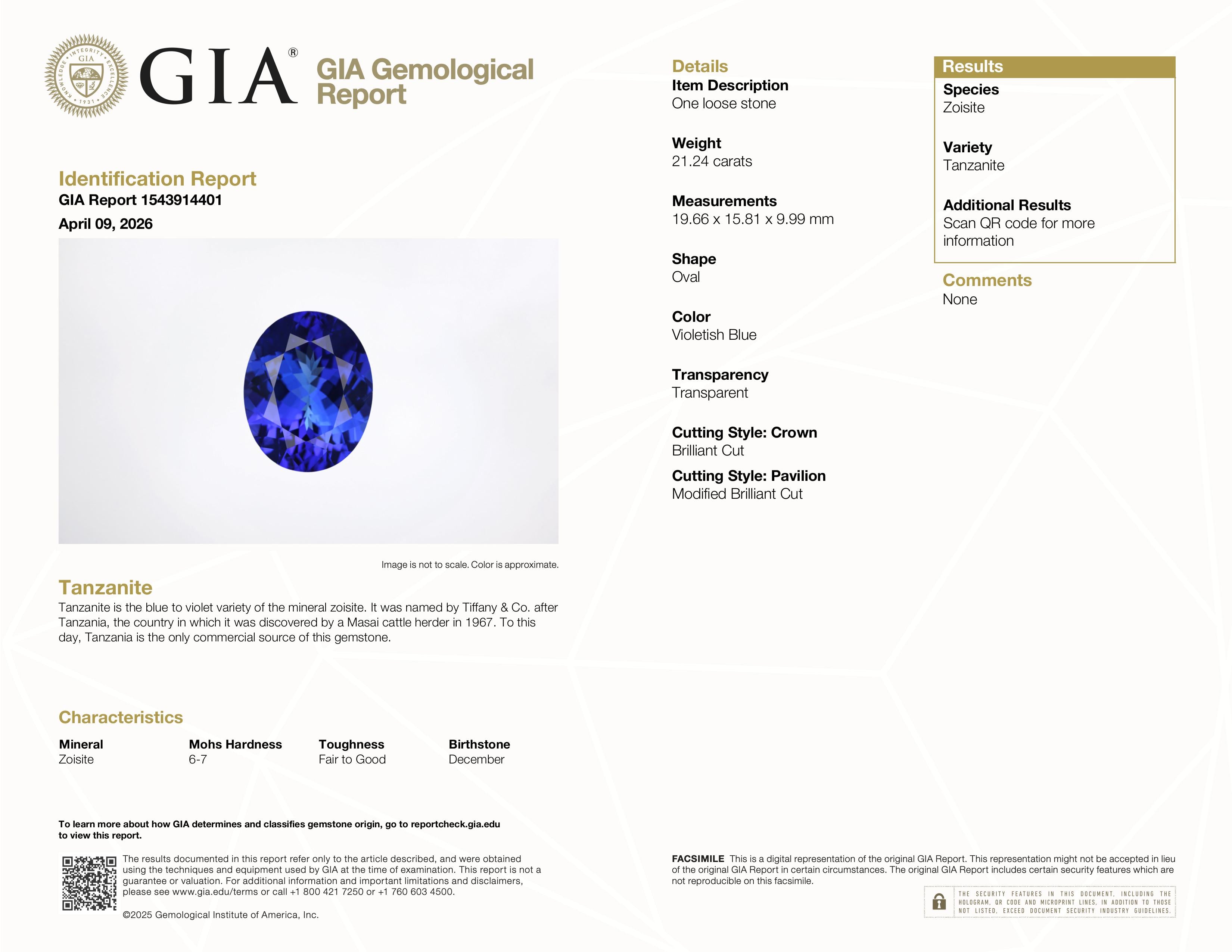 21.24 ct Oval Tanzanite Gemstone – GIA Certified Tanzanite - VB 6/6