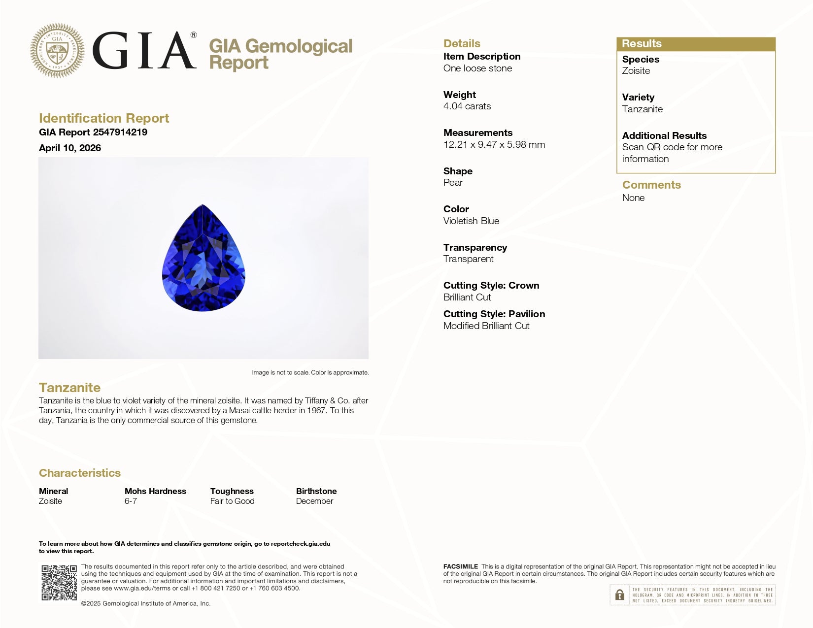 Emerald-cut tanzanite gemstone with vivid royal blue colour
