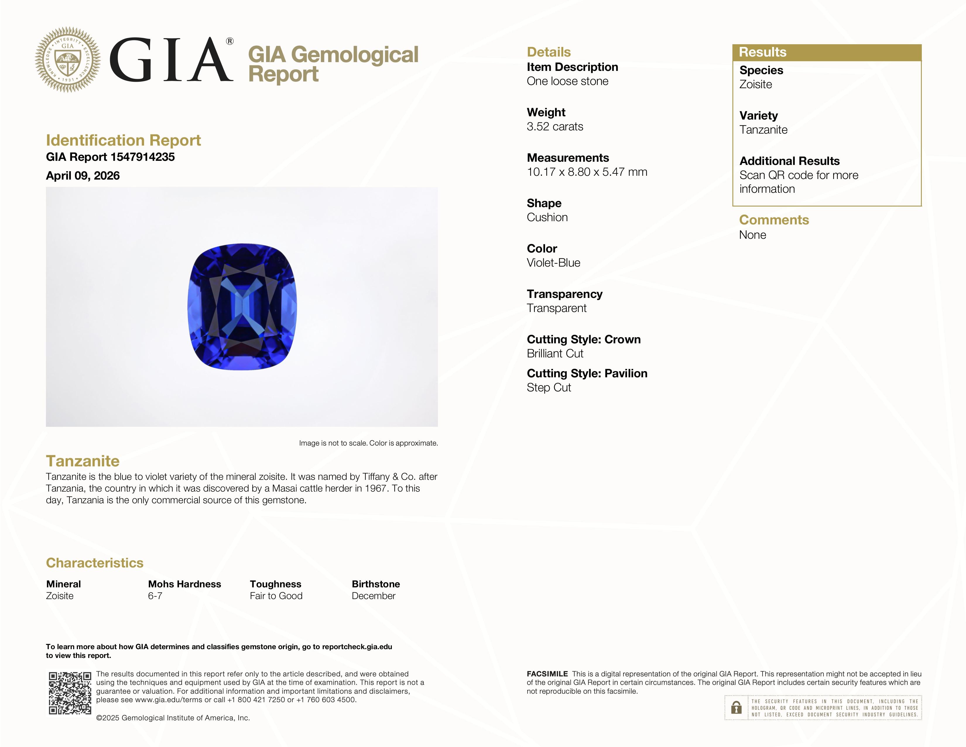 GIA gemological report with a tanzanite vb 6:6 blue gemstone on a white background