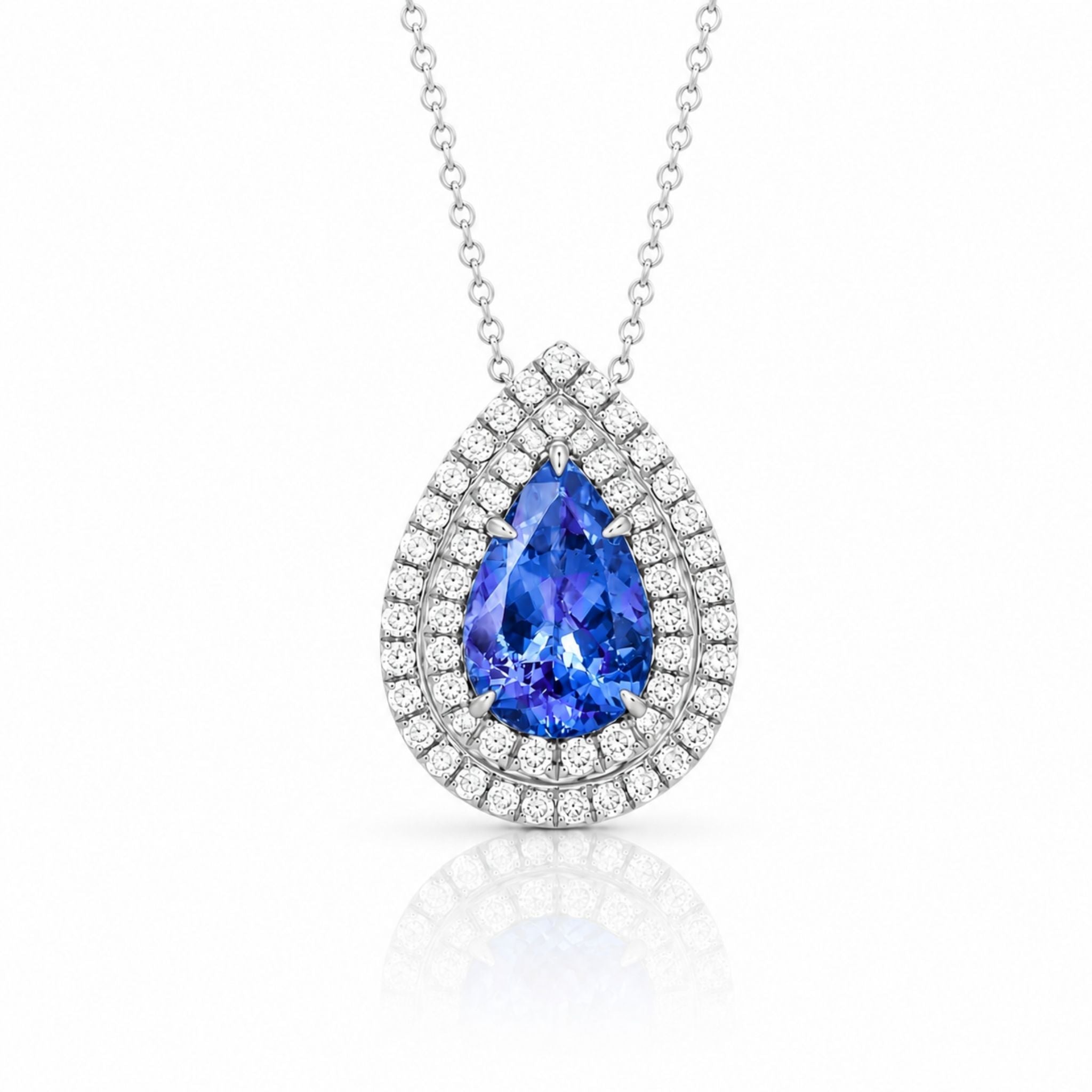 Pear-Shaped Tanzanite & Diamond Double Halo Pendant